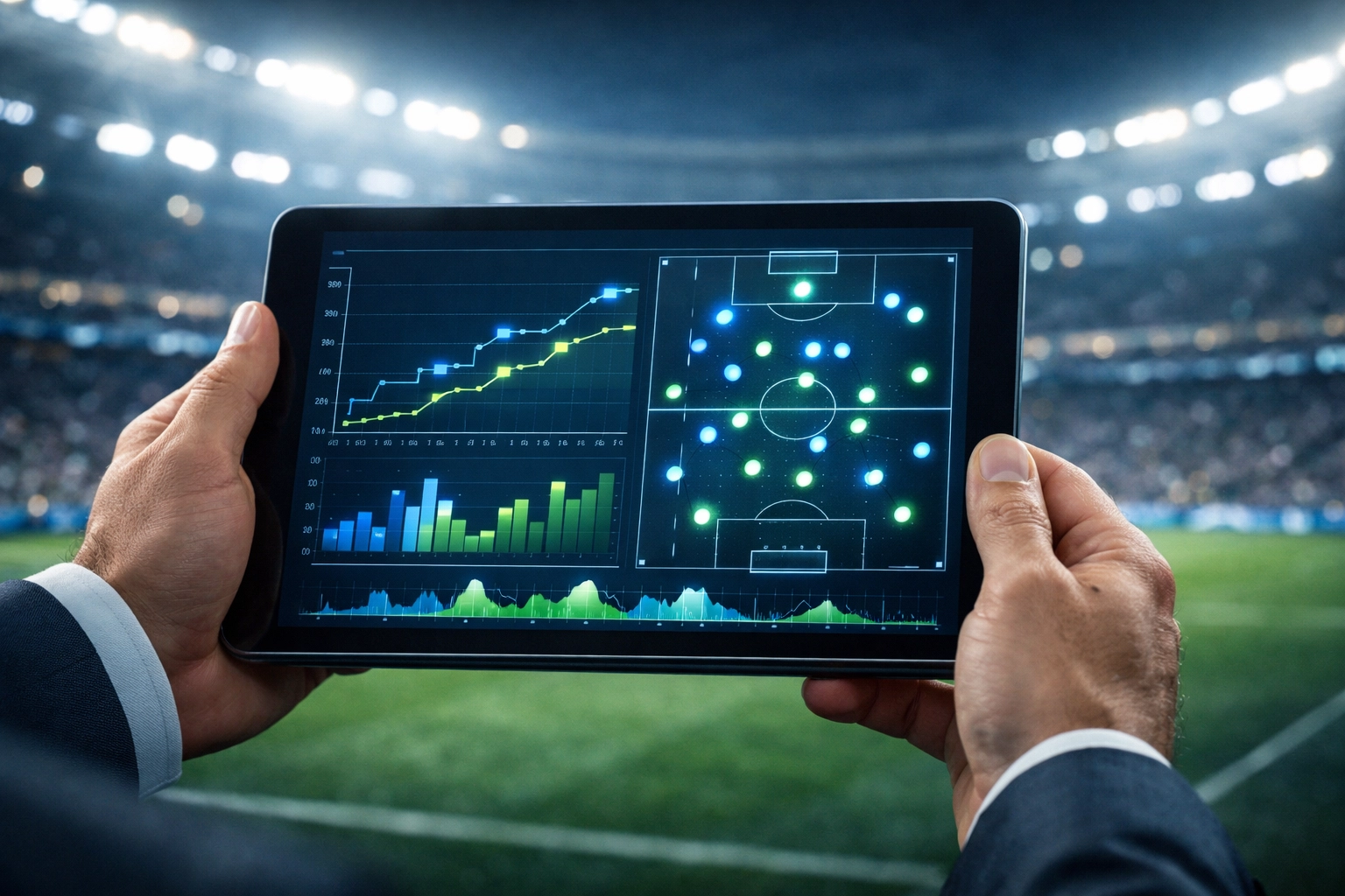 Tablet mit xG-Grafiken für die statistische Spielanalyse vor einer Stadionkulisse.