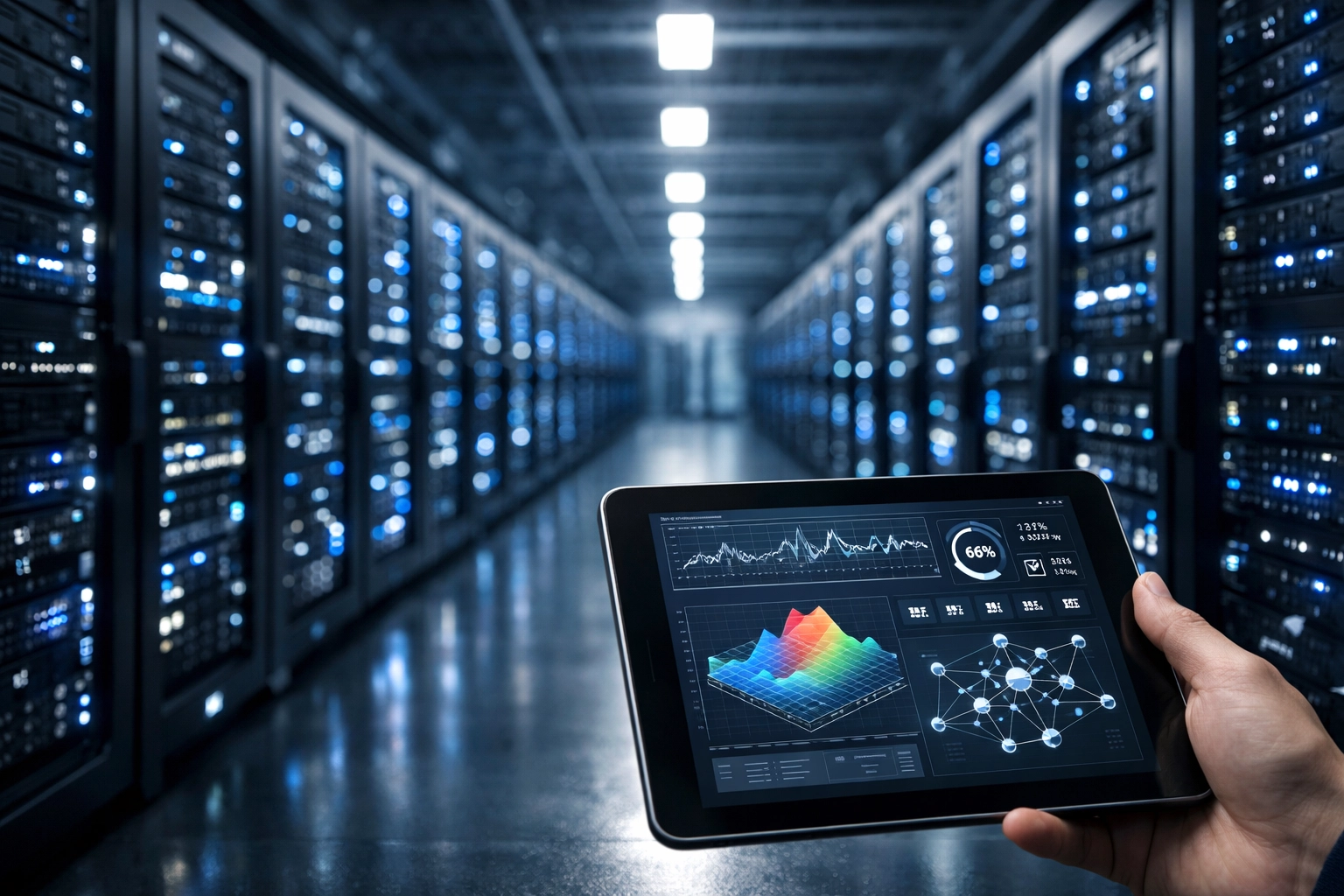 Moderner Serverraum und Tablet mit Datenanalyse zur Überwachung digitaler Markt-Infrastruktur.