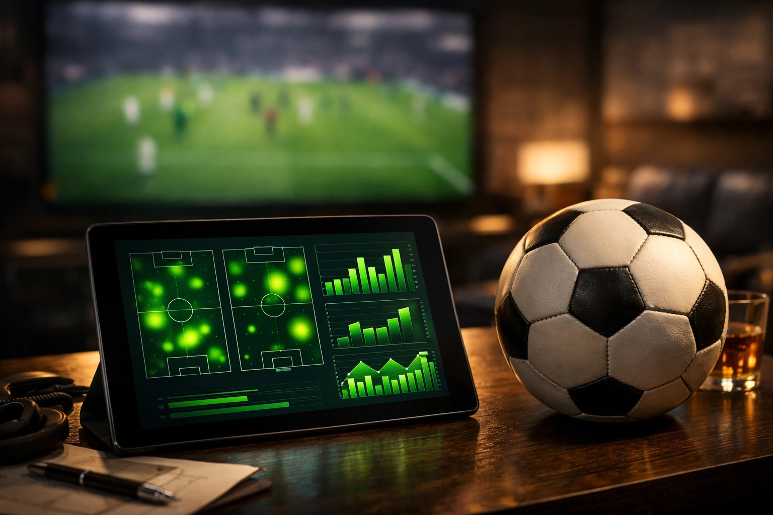 Datenbasierte Analyse von Fußballstatistiken auf einem Tablet für professionelle Wett-Prognosen.