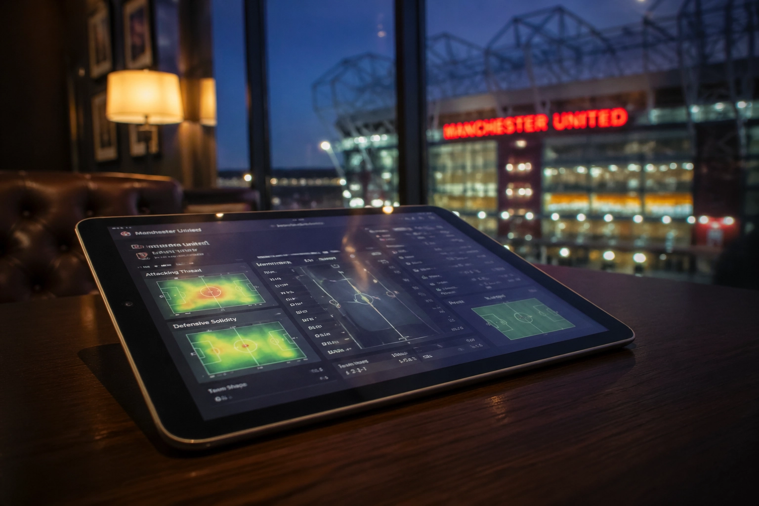 Tablet mit Fußball-Datenanalyse und xG-Werten vor dem Stadion Old Trafford in der Dämmerung.