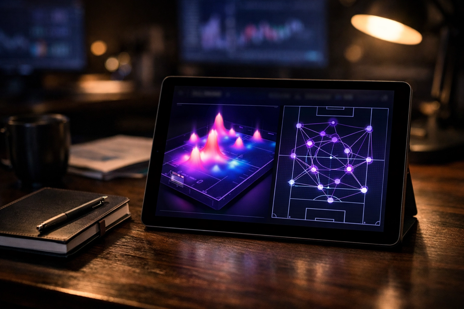 Datenanalyse mit Fußball-Heatmap auf einem Tablet für das Spiel AC Florenz gegen Crystal Palace.