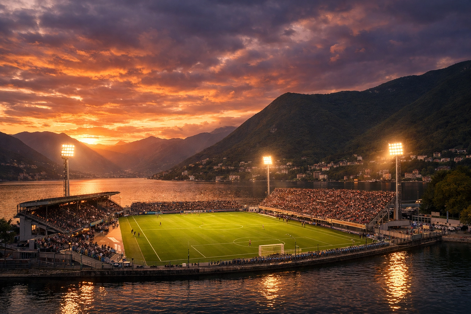 Das Stadio Giuseppe Sinigaglia von Como am Seeufer vor der Serie A Partie gegen Inter Mailand.