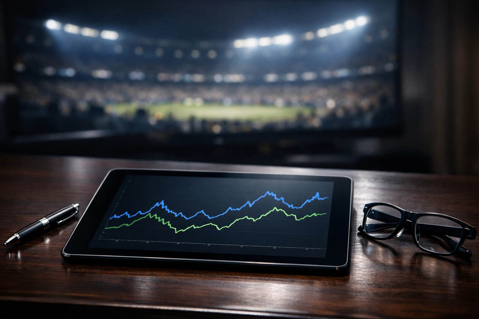 Analyse von Markttrends und fallenden Quoten auf einem Tablet am Schreibtisch.