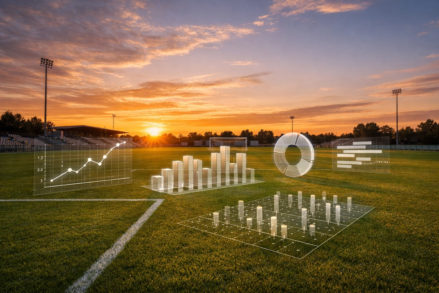 Fußballspielfeld bei Sonnenuntergang mit visuellen Daten zur statistischen Analyse.