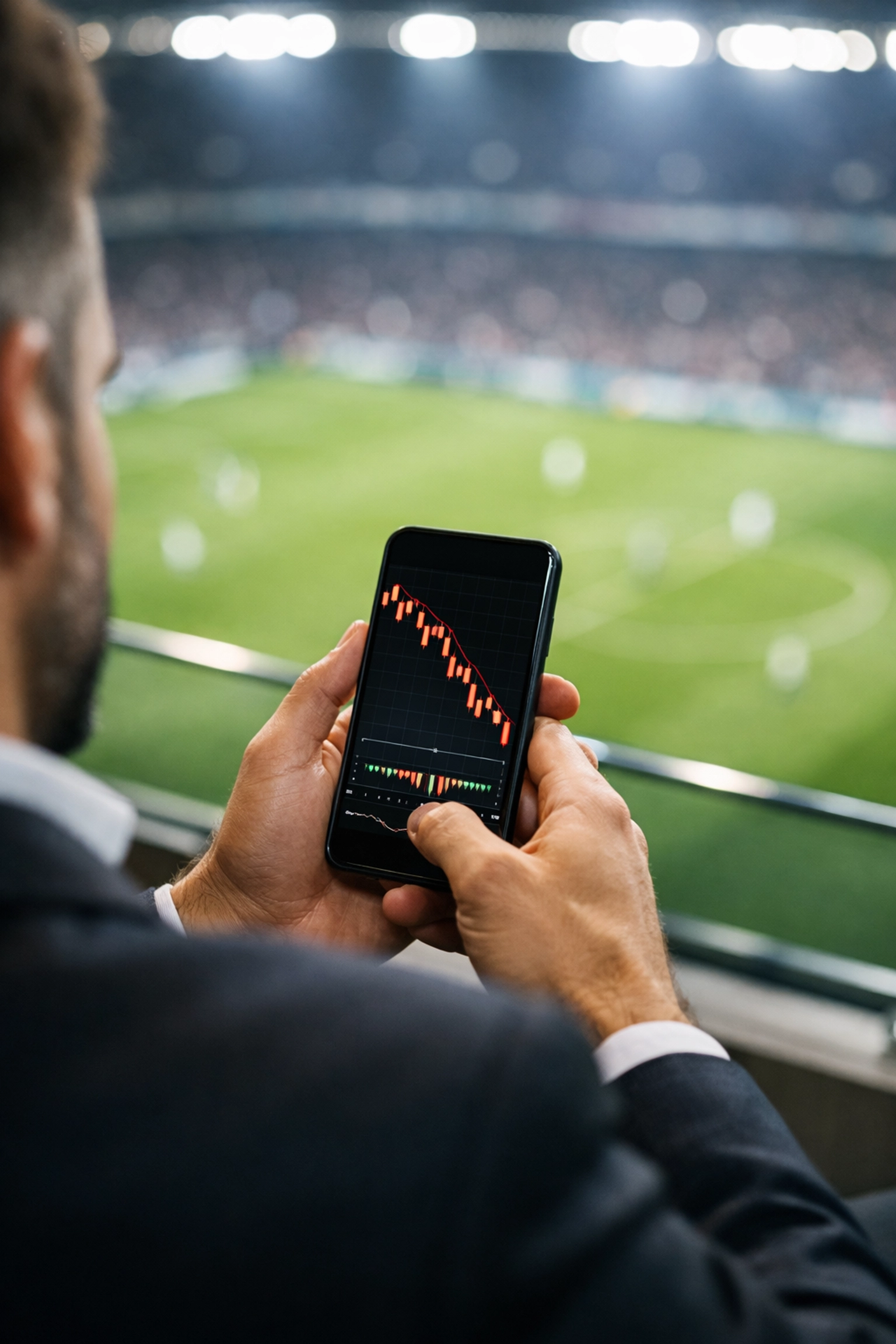 Smartphone-Analyse von fallenden Quoten und Markttrends im Fußballstadion.