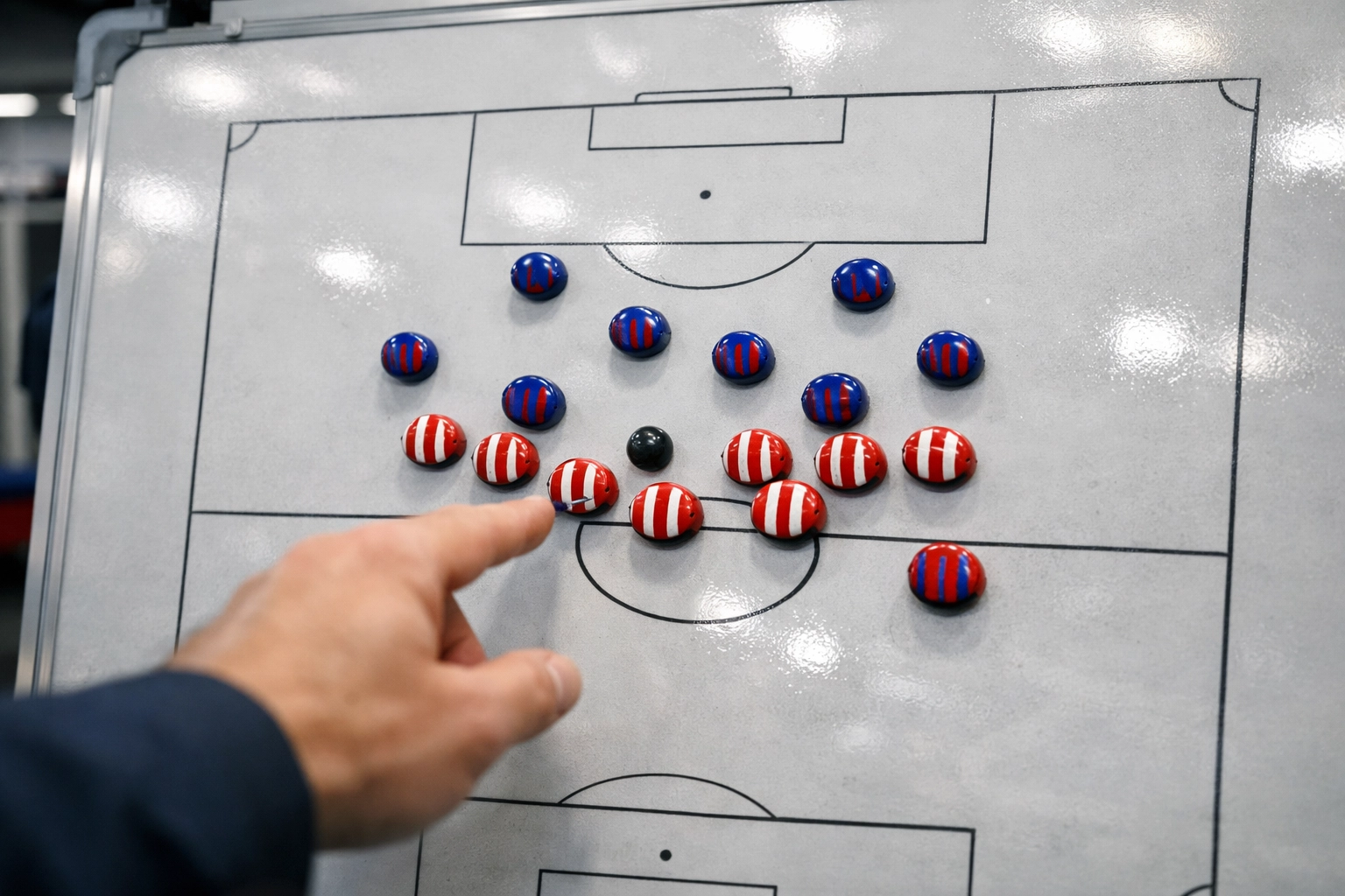 Taktiktafel mit Spielzügen für die Champions League Analyse des Spiels Barcelona gegen Atletico Madrid.