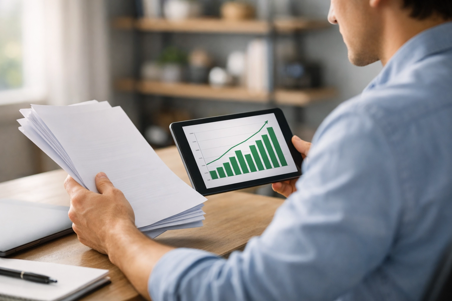 Spieler im Heimbüro prüft Unterlagen zur Rückzahlung verlorener Sportwetten-Einsätze.