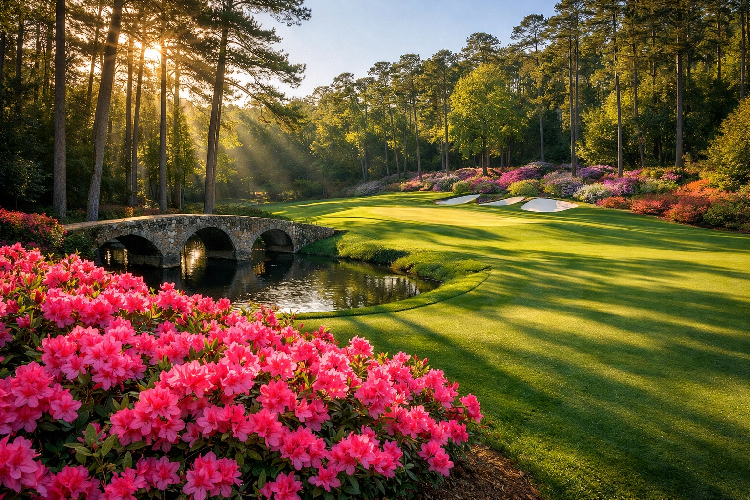 Ikonisches 13. Loch in Augusta National mit blühenden Azaleen am Masters Moving Day.