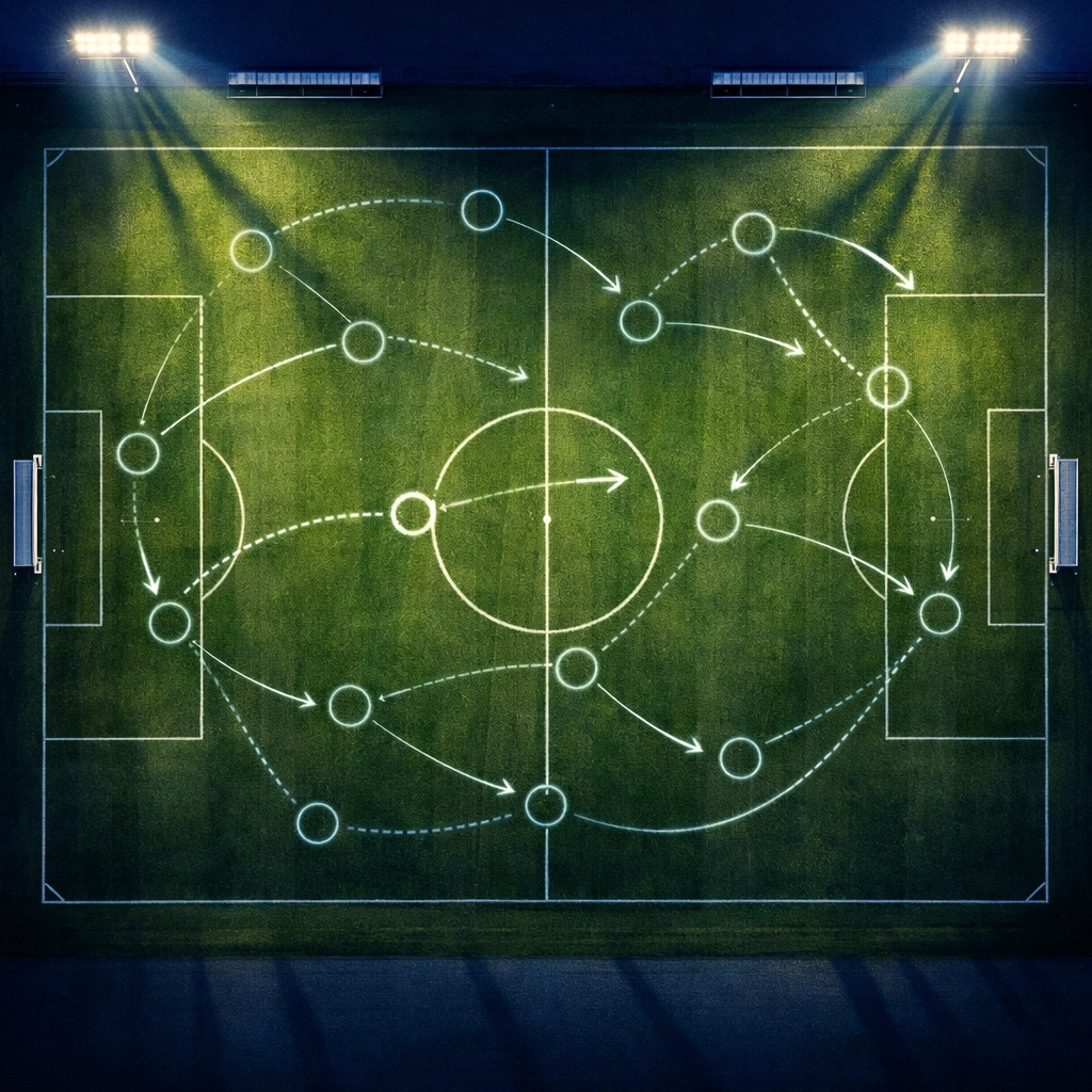 Taktik-Board Ansicht eines Fußballfeldes für die Analyse von Barcelona gegen Sevilla.