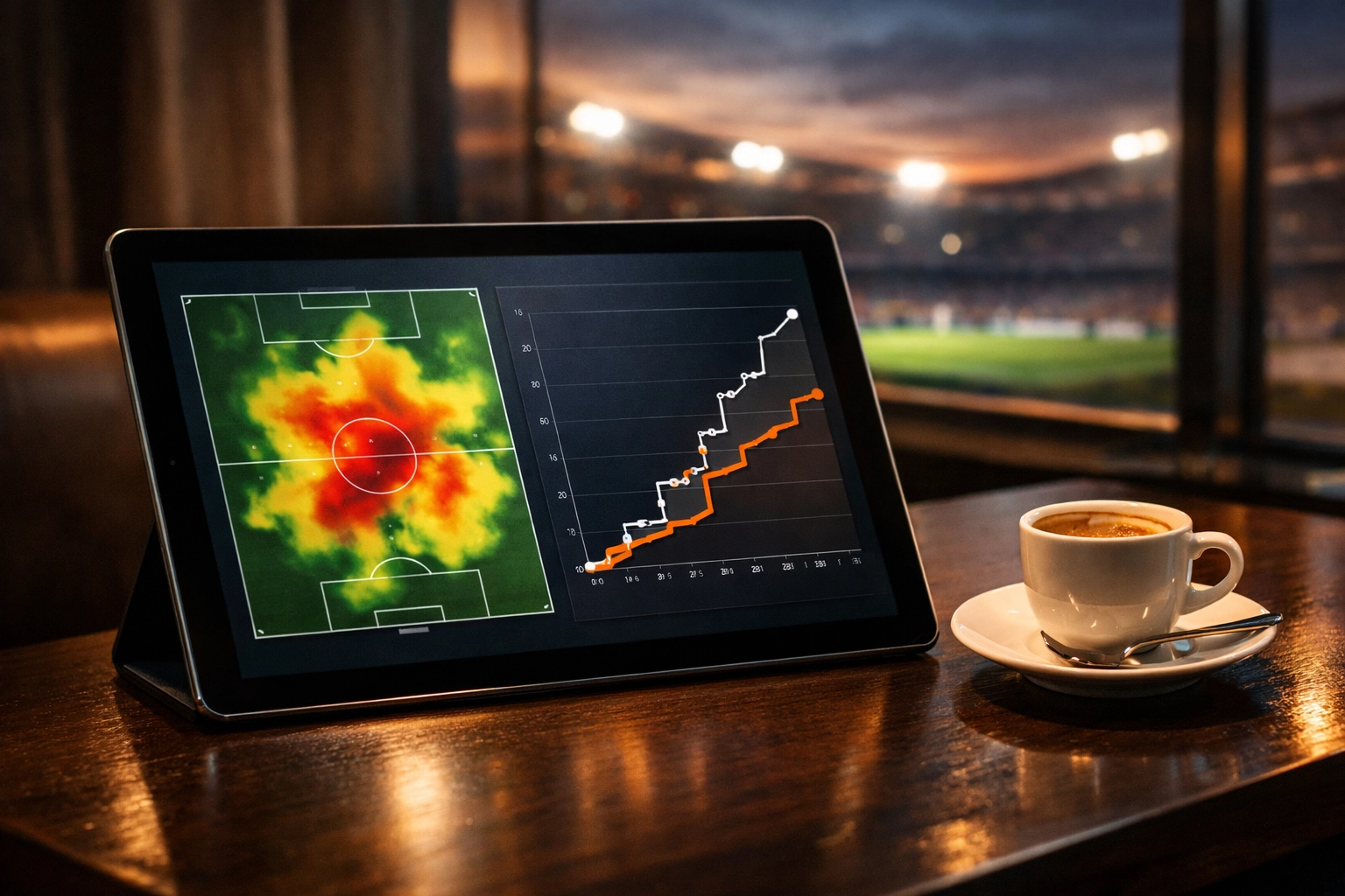 Datenbasierte Fußball Analyse mit xG-Werten und Heatmap auf einem Tablet.