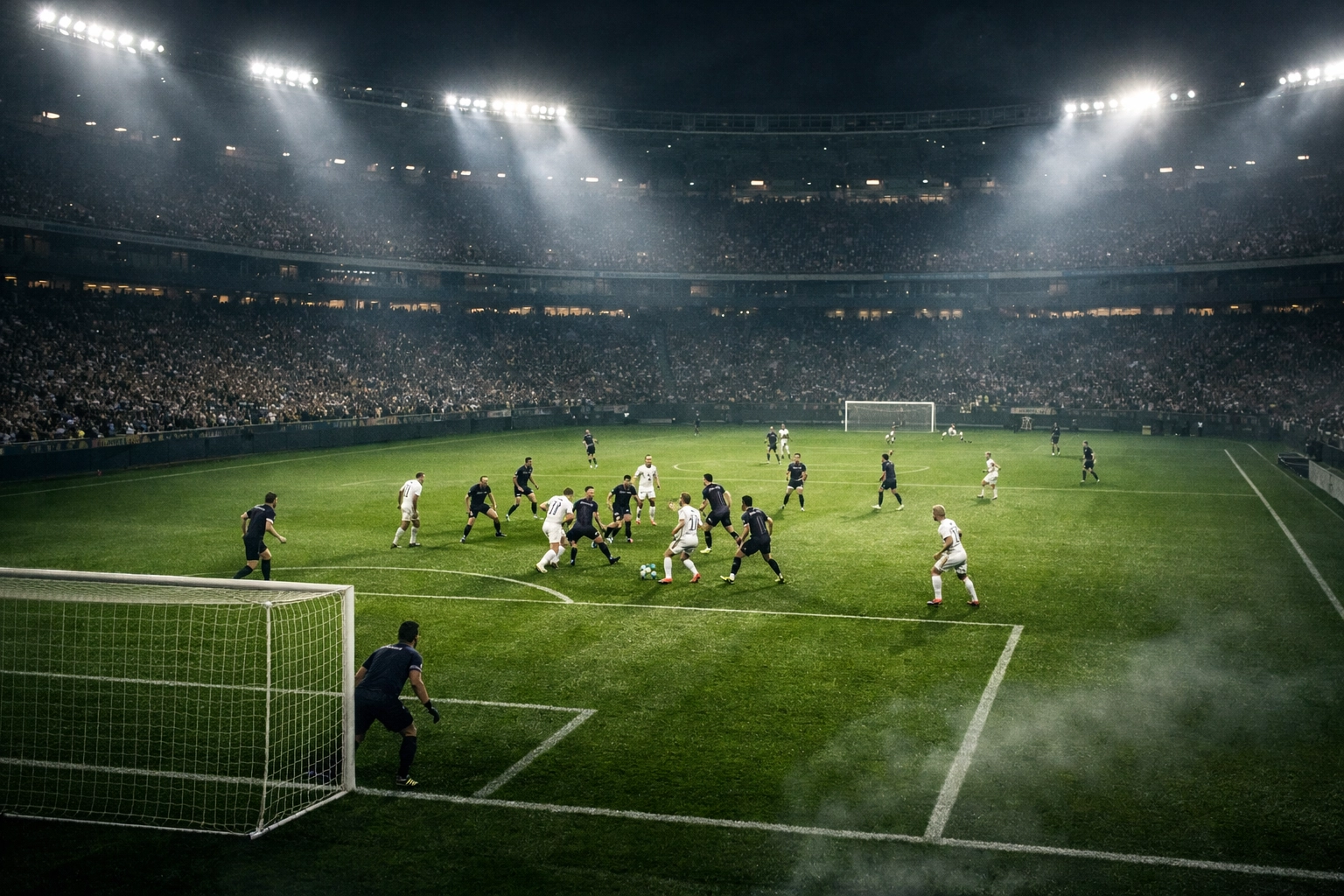 Fußballspiel mit hohem Field Tilt und Druck im Angriffsdrittel zur statistischen Live-Analyse.