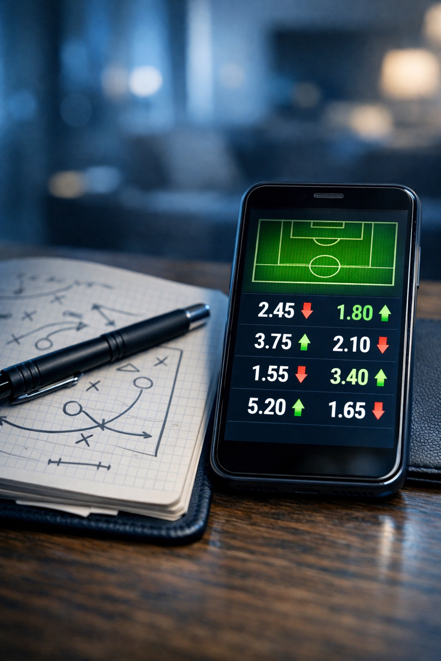 Smartphone mit Live-Quotenbewegungen und Taktiknotizen für professionelle Analysen.