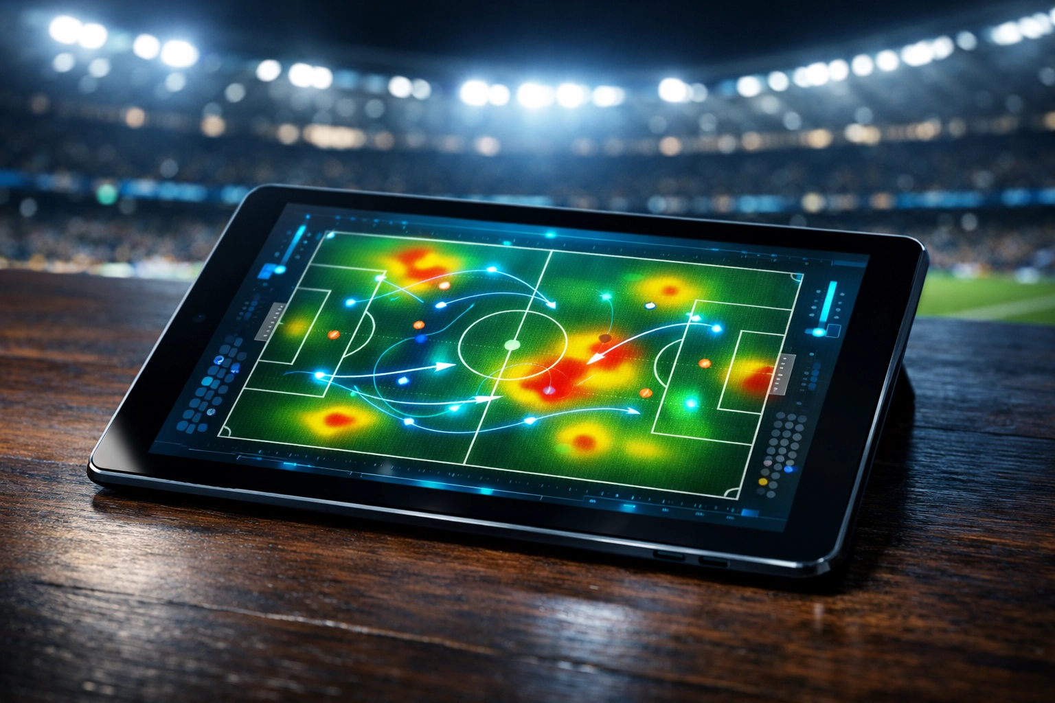 Tablet mit Live-Daten und Heatmaps zur Analyse von Fußball-Trends für In-Play-Wetten.