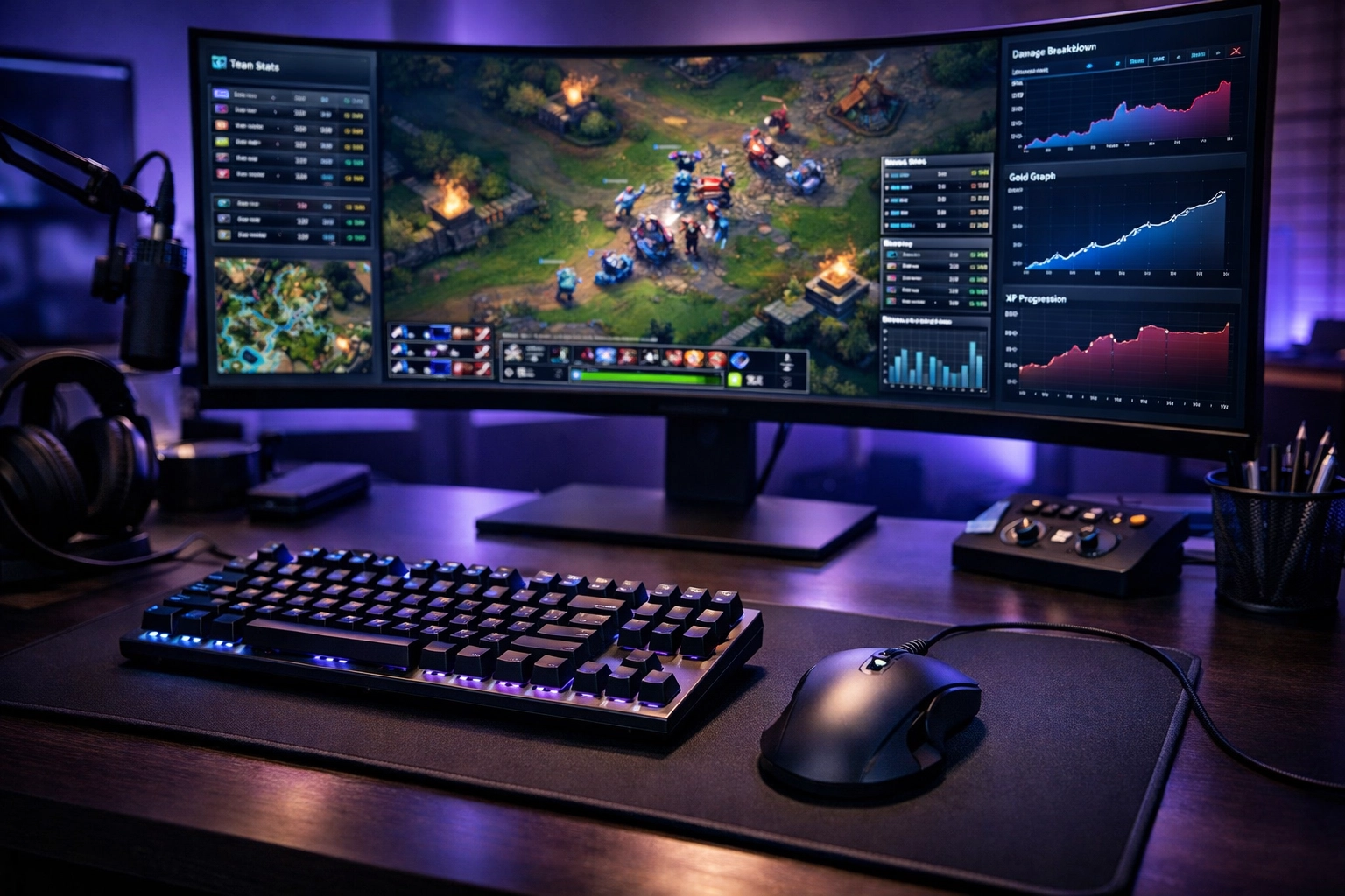 Professionelle E-Sports-Datenanalyse auf einem Monitor mit MOBA-Statistiken.