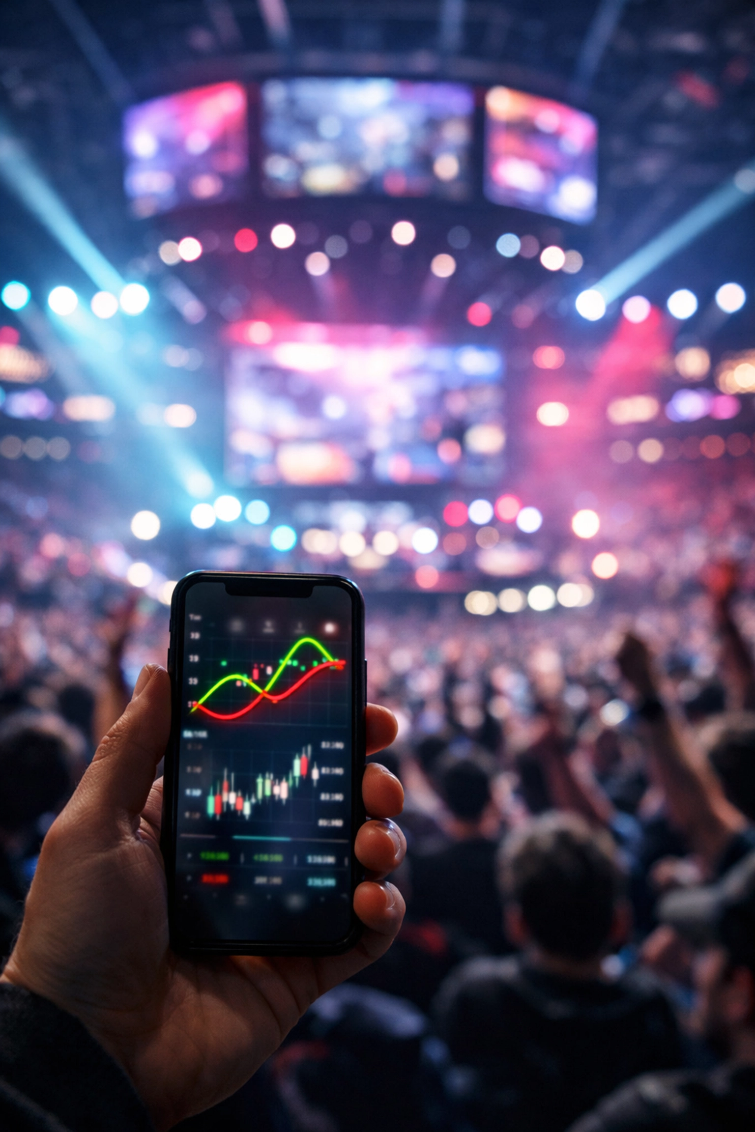 E-Sports Quotenanalyse und Marktdaten auf einem Smartphone live während eines Turniers in einer Arena.