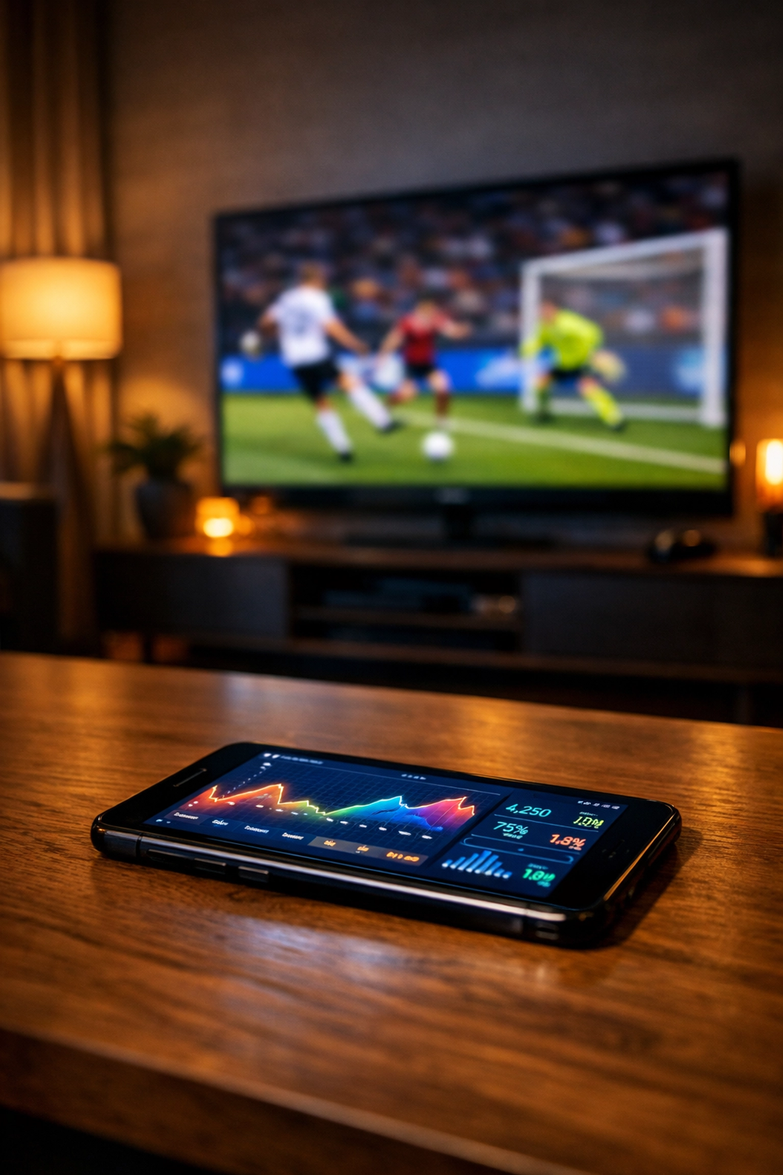 Smartphone mit Live-Statistiken vor Fernseher zeigt Latenz bei Fußball-Wettmärkten