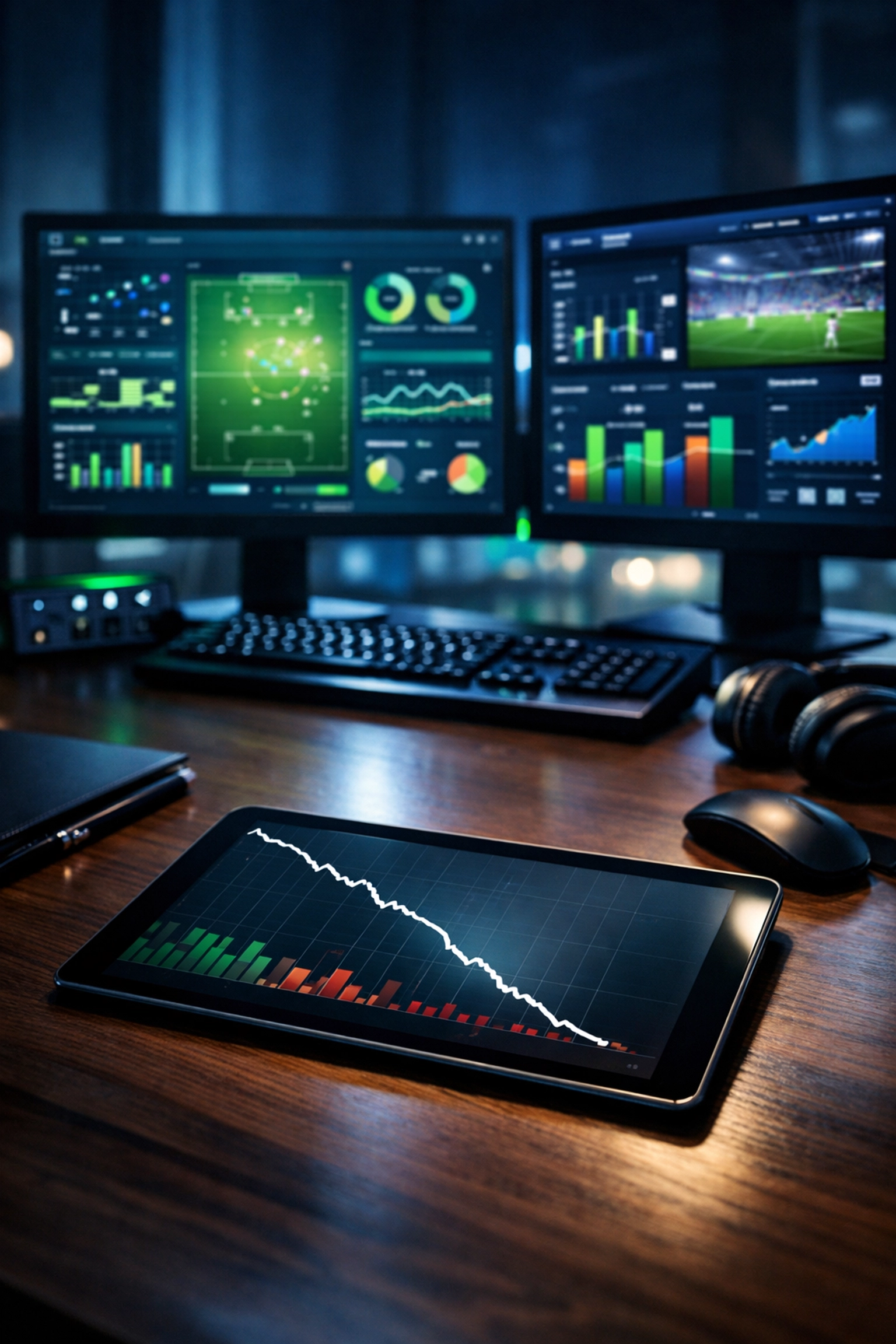 Datenbasierte Analyse fallender Quoten und Markttrends auf einem Tablet im Profi-Büro.