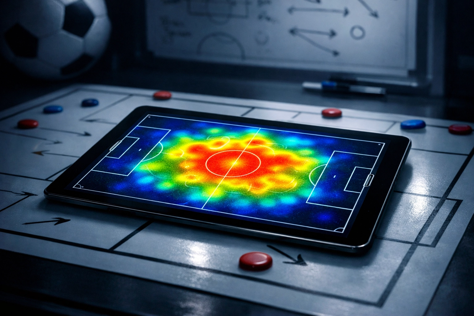Datenbasierte Spielanalyse mit Heatmap auf einem Tablet für Bundesliga-Statistiken.