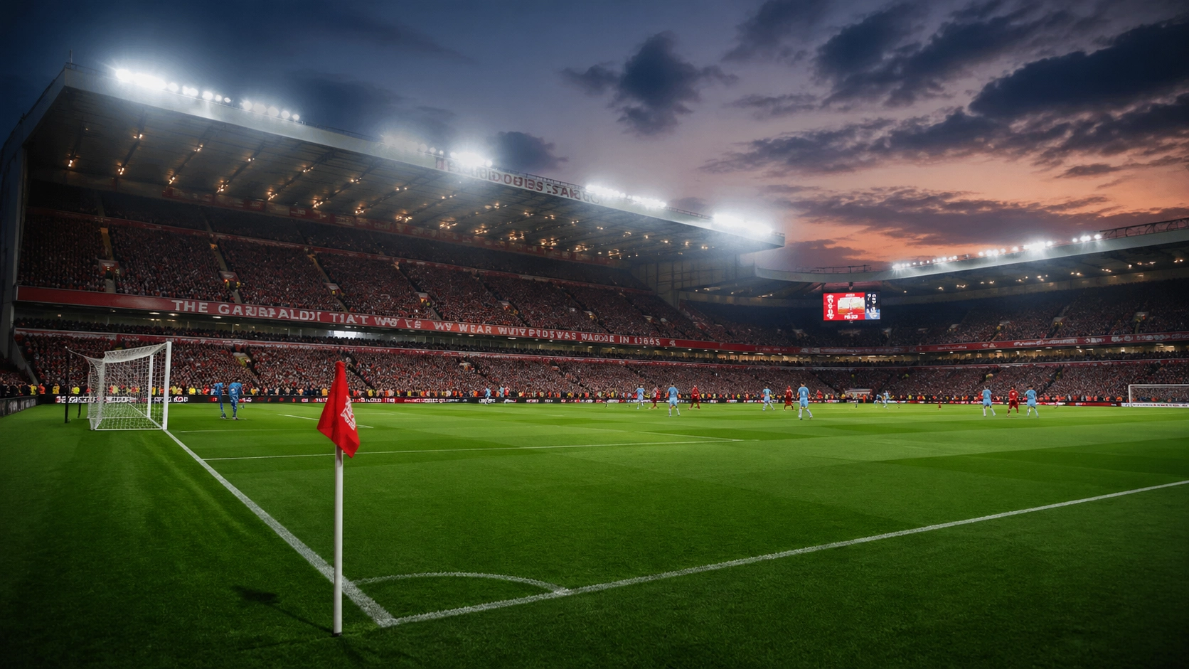 Panorama des City Ground Stadions unter Flutlicht beim Spiel Nottingham Forest gegen Aston Villa.