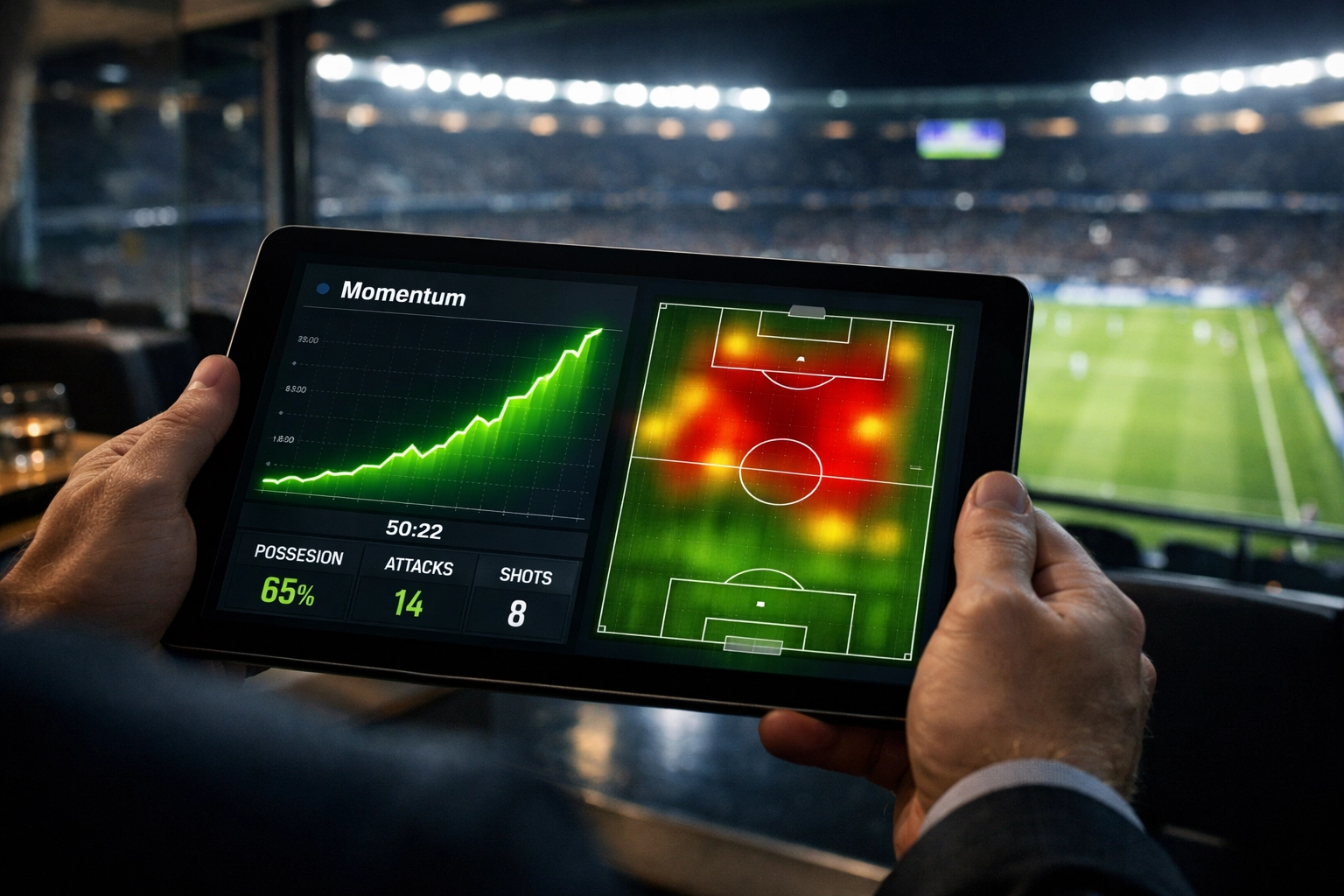 Analyse von In-Play Statistiken und Momentum auf einem Tablet im Fußballstadion.