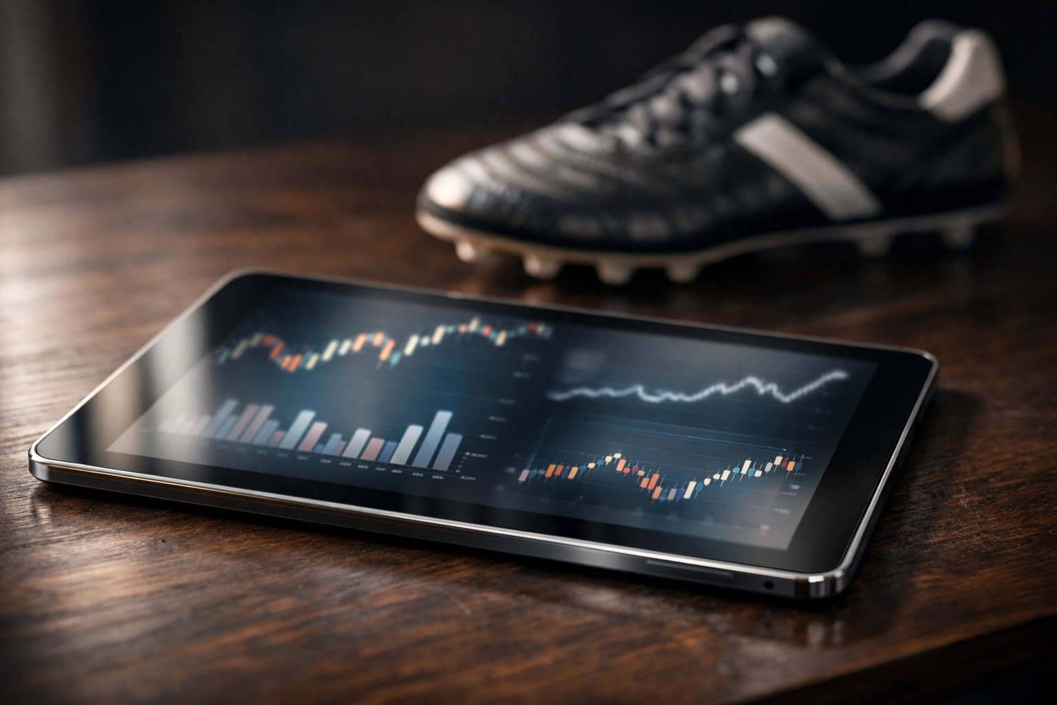 Digitale Datenanalyse von Fußballstatistiken und Wettquoten auf einem Tablet.