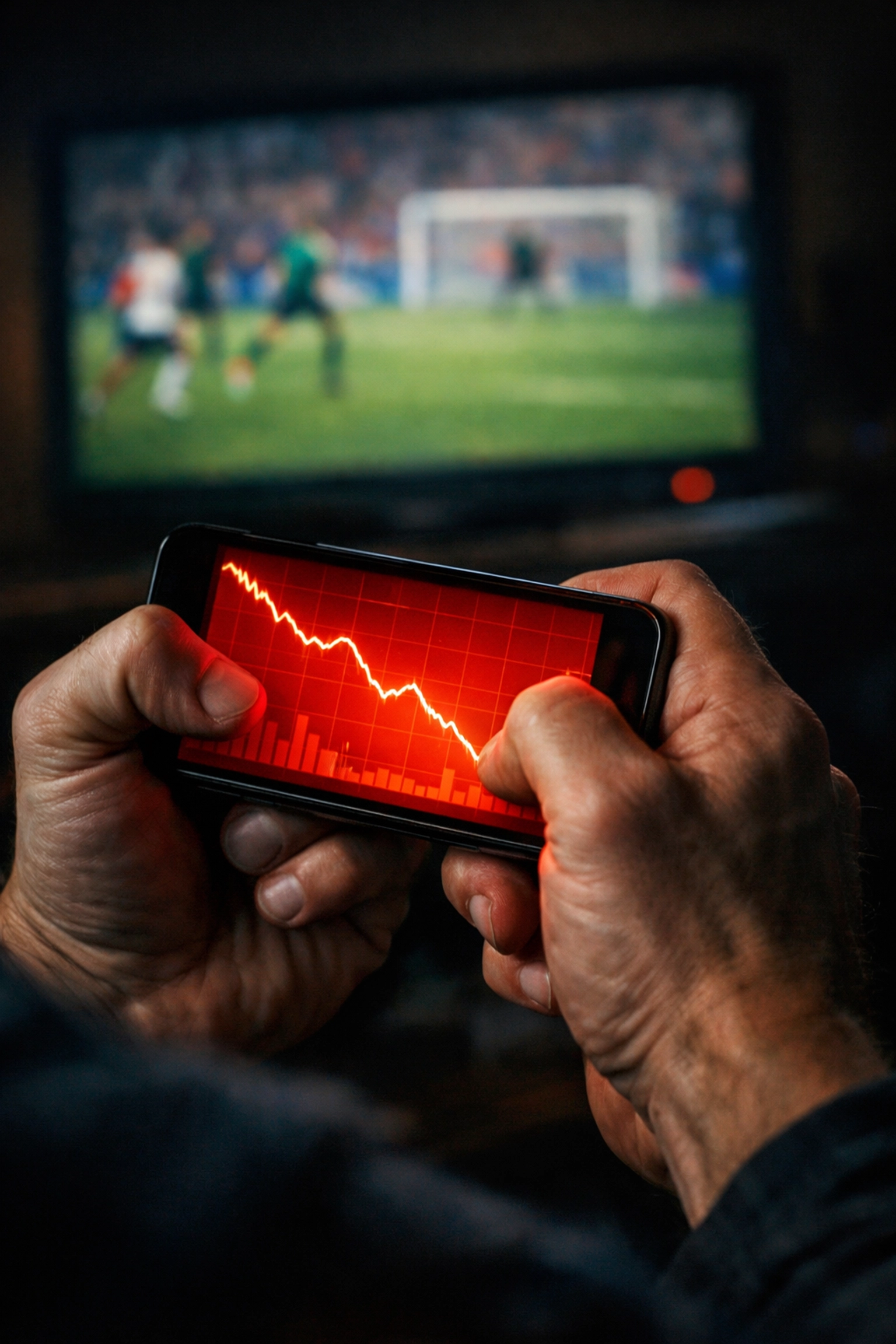 Angespannte Hände am Smartphone illustrieren emotionale Tilt-Fehler bei Live-Wetten.