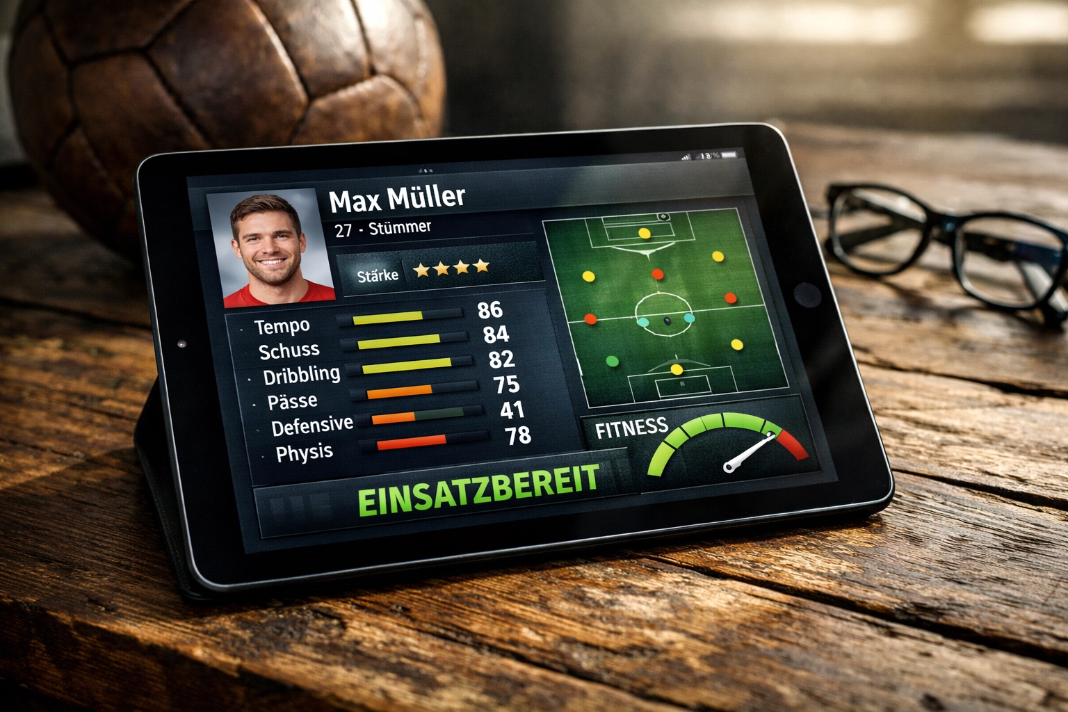 Tablet zeigt Spieler-Daten und taktische Analysen zur Bewertung von aktuellen Markt-Updates.