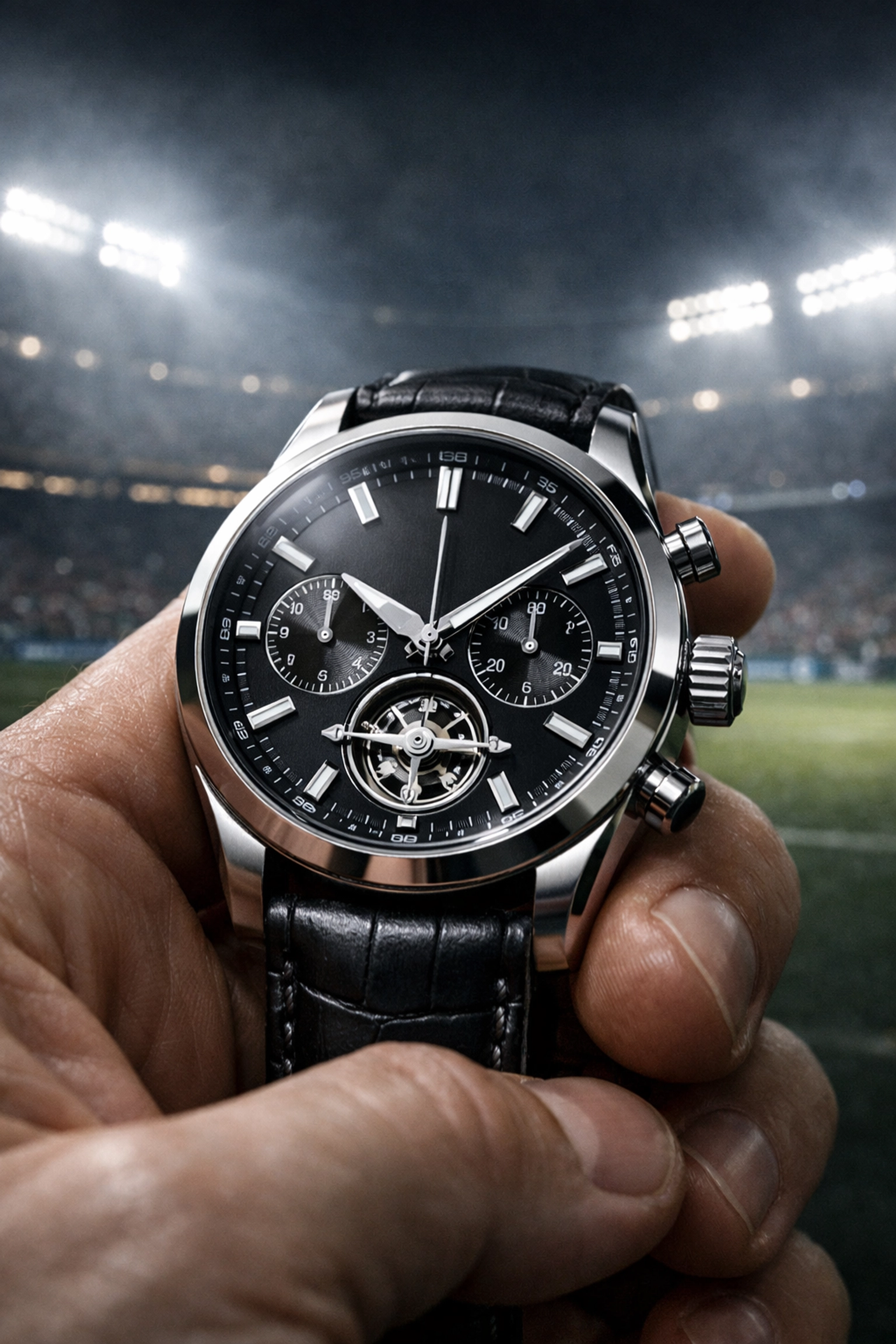 Analoge Armbanduhr vor einem Fußballstadion symbolisiert Timing bei der Quotenanalyse.