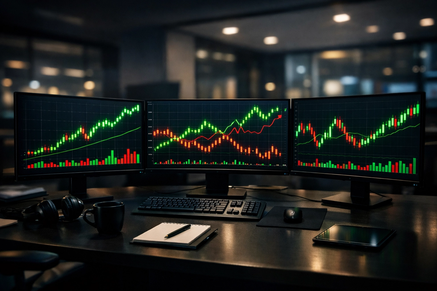 Analyse fallender Quoten auf Monitoren mit Markttrends und Finanzgrafiken.