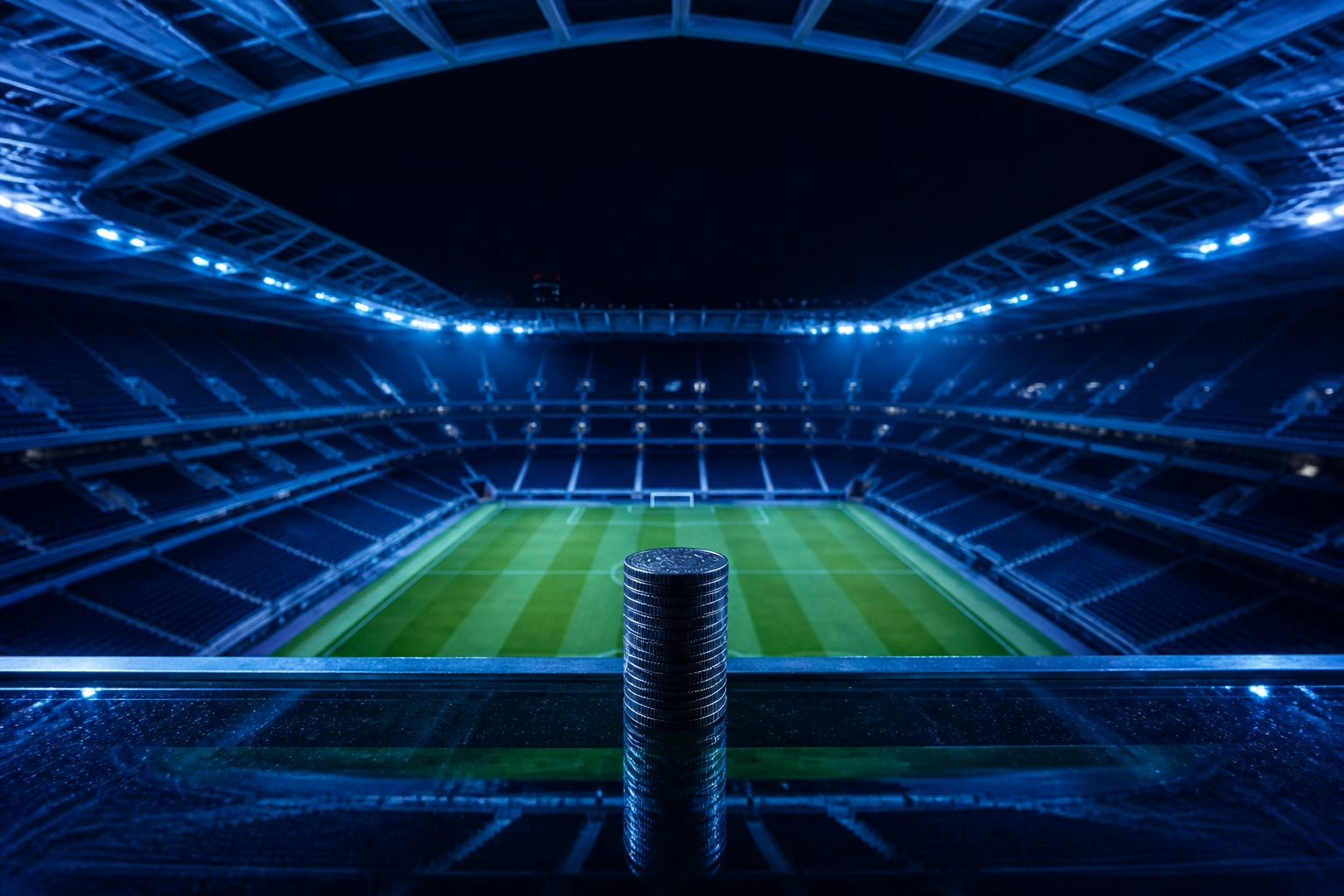 Münzstapel im Fußballstadion als Symbol für Disziplin und langfristigen Erfolg durch Value Betting.