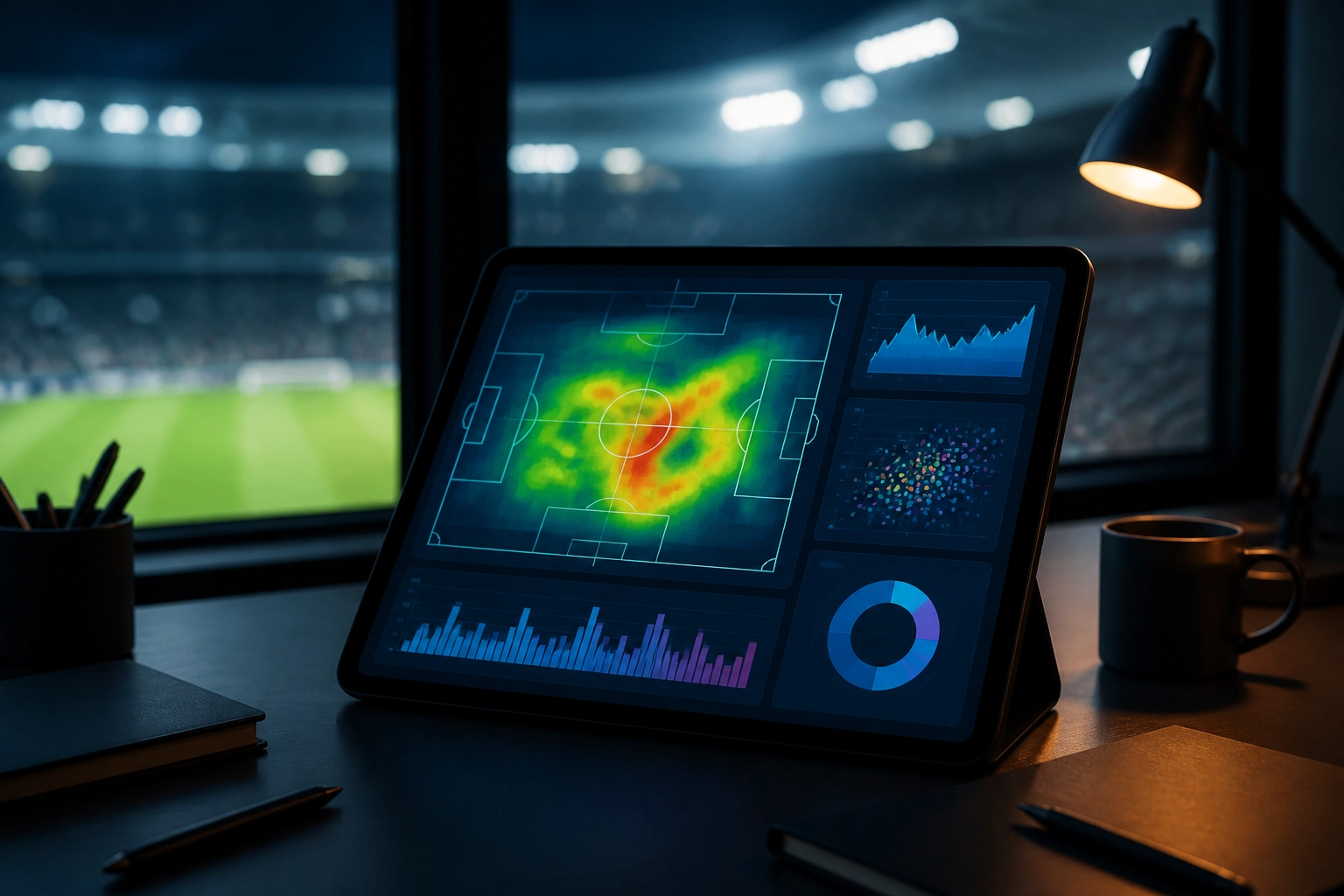 Professionelle Datenanalyse und Fußball-Statistiken auf einem Tablet am Arbeitsplatz.