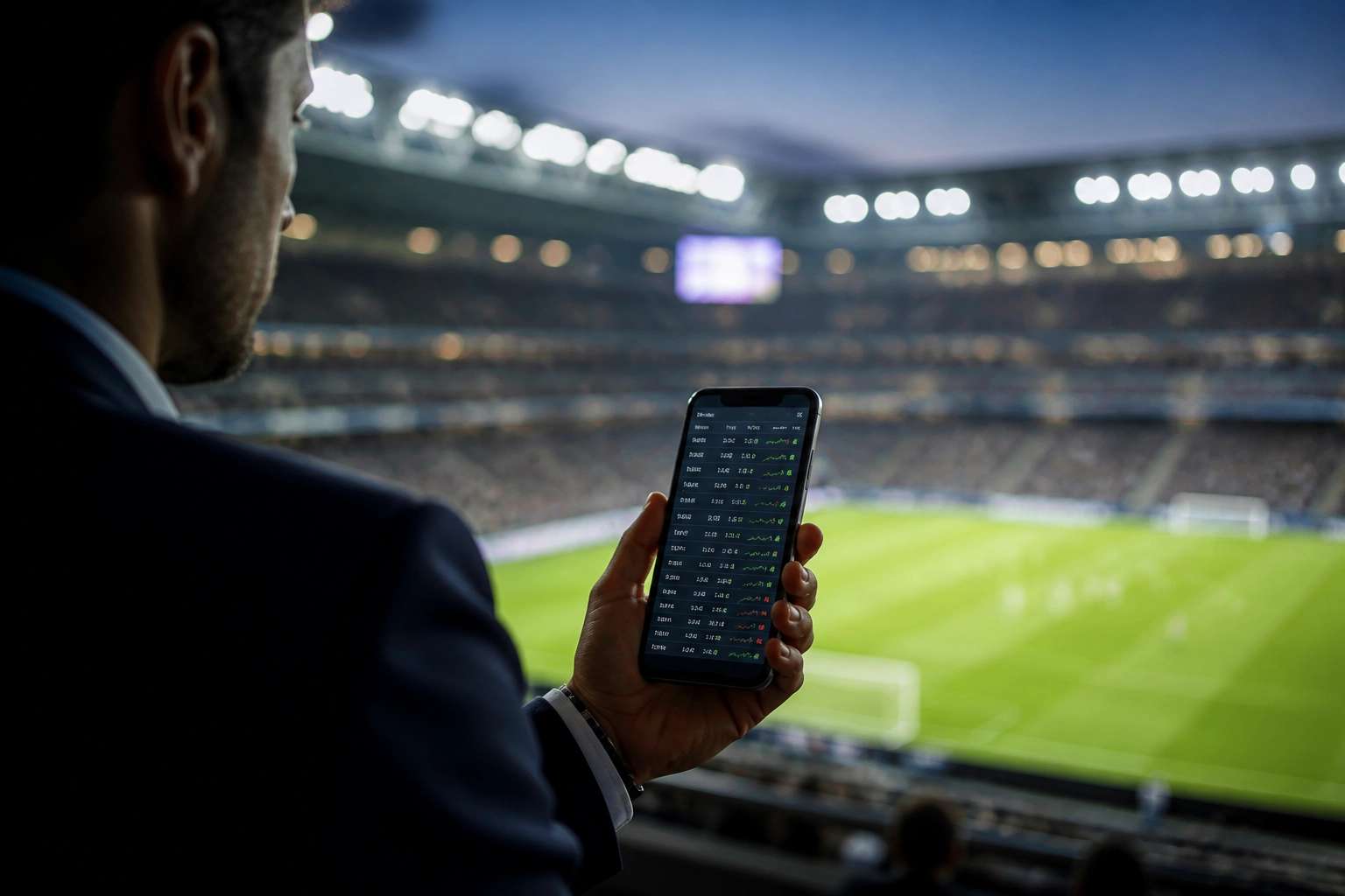 Marktanalyse von Quoten für sportwetten via Smartphone in einem Fußballstadion.