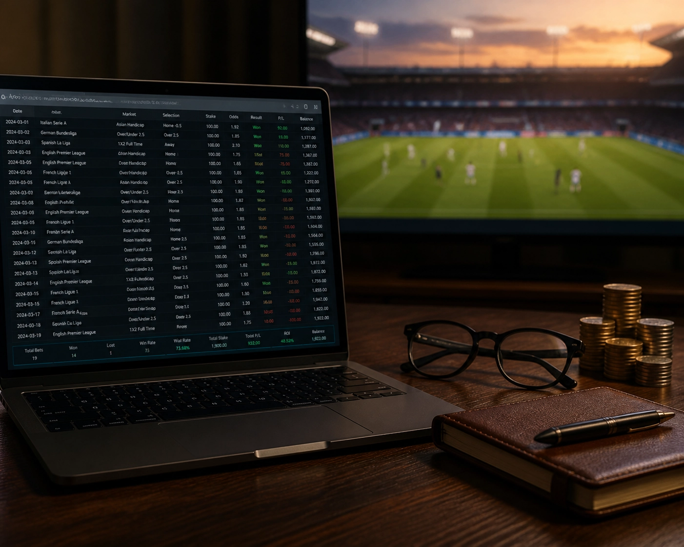 Arbeitsplatz eines Analysten mit Daten zu Bankroll-Management und Sportwetten Strategien.
