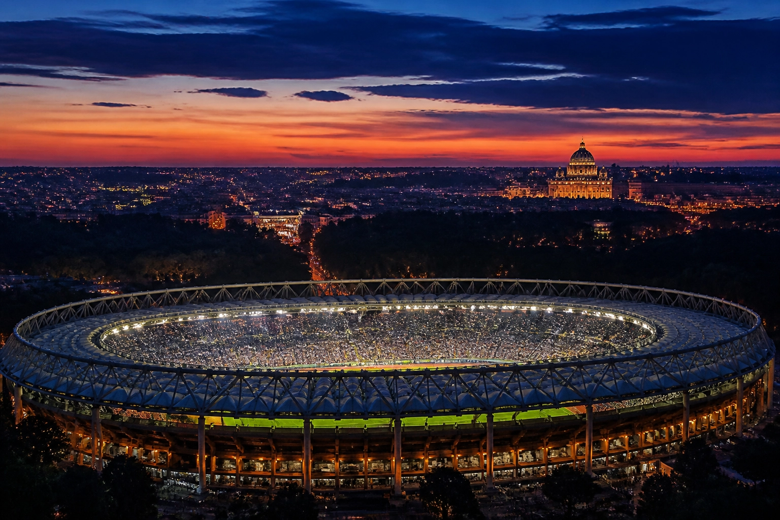 Das beleuchtete Stadio Olimpico in Rom vor dem Derby della Capitale zwischen AS Rom und Lazio Rom am 18.05.2026.