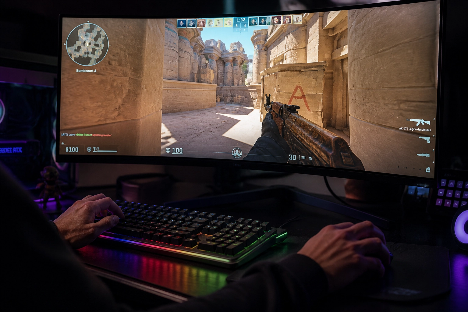 Professionelles CS2 Gaming-Setup zur Analyse von taktischen Spielzügen und Momentum.