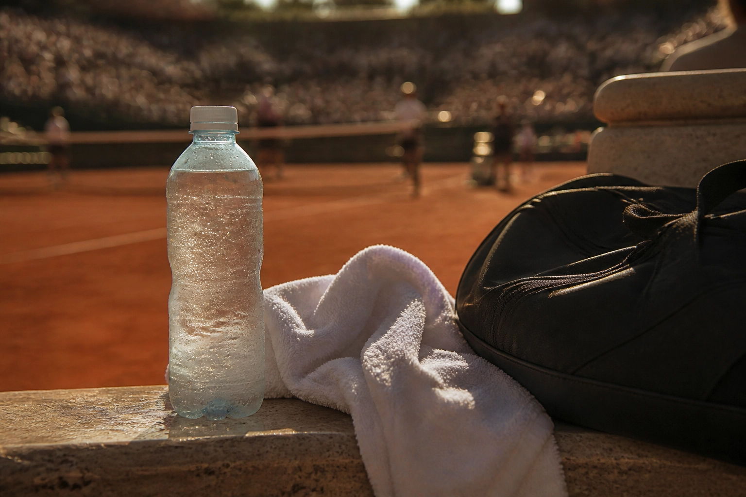 Spielerbank mit Wasserflasche und Handtuch bei sommerlicher Hitze während der ATP in Rom.