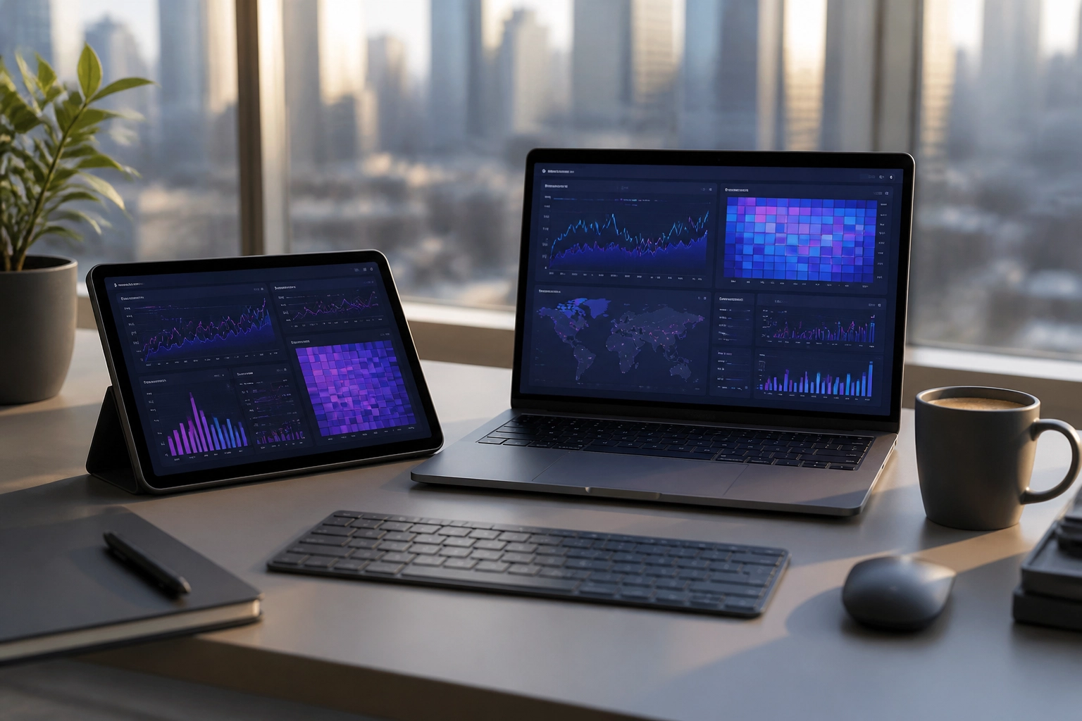 Analysten-Arbeitsplatz mit Daten-Dashboards für E-Sports Metriken und Quotenanalyse.