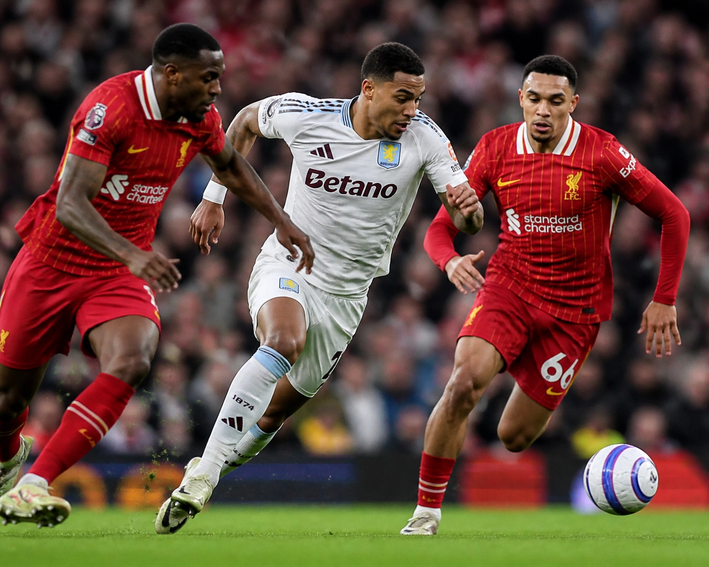 Intensiver Zweikampf zwischen Liverpool und Aston Villa Spielern während der Premier League Analyse.