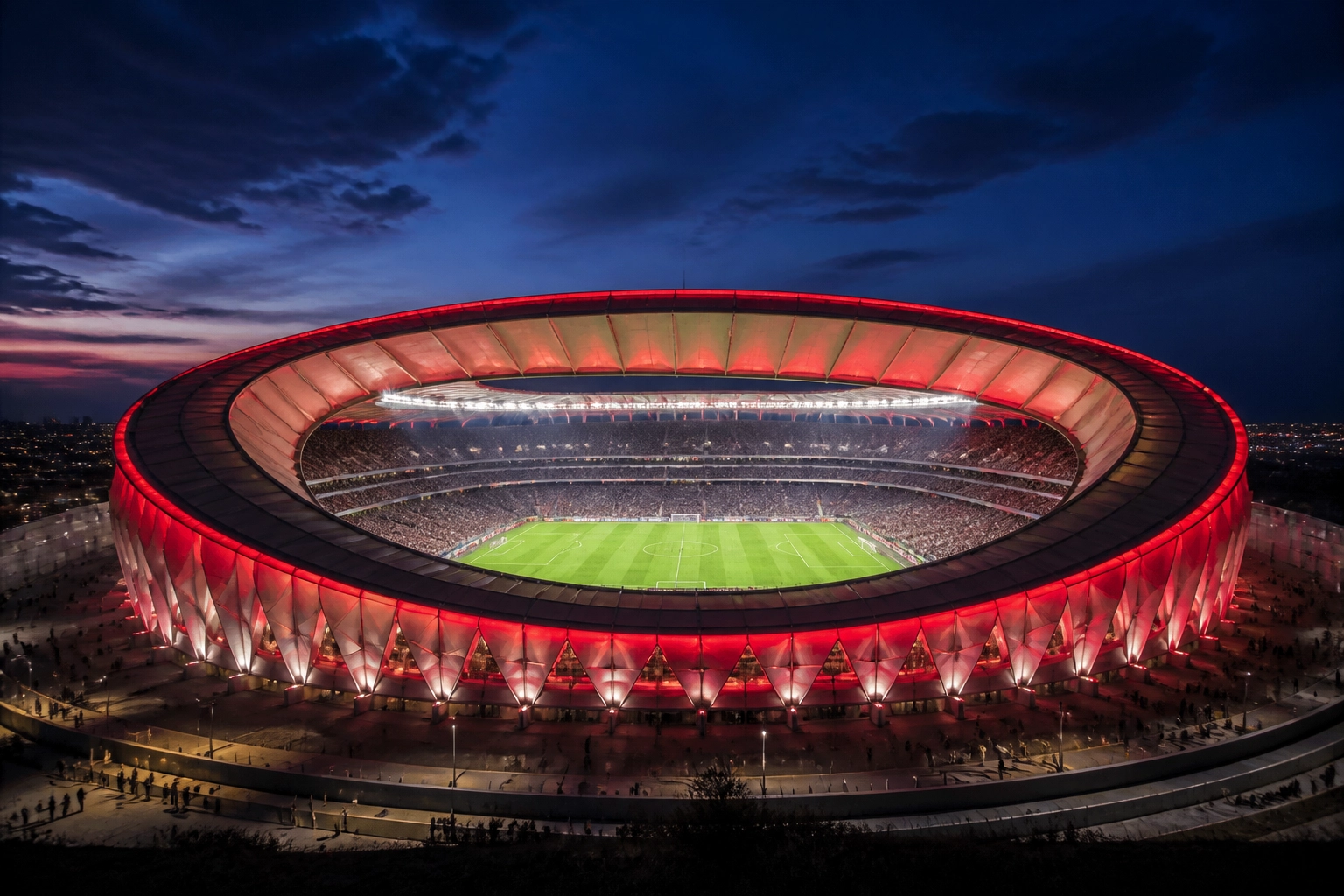 Beleuchtetes Metropolitano Stadion in Madrid für das Spiel Atletico Madrid gegen FC Sevilla am 19.05.2026.