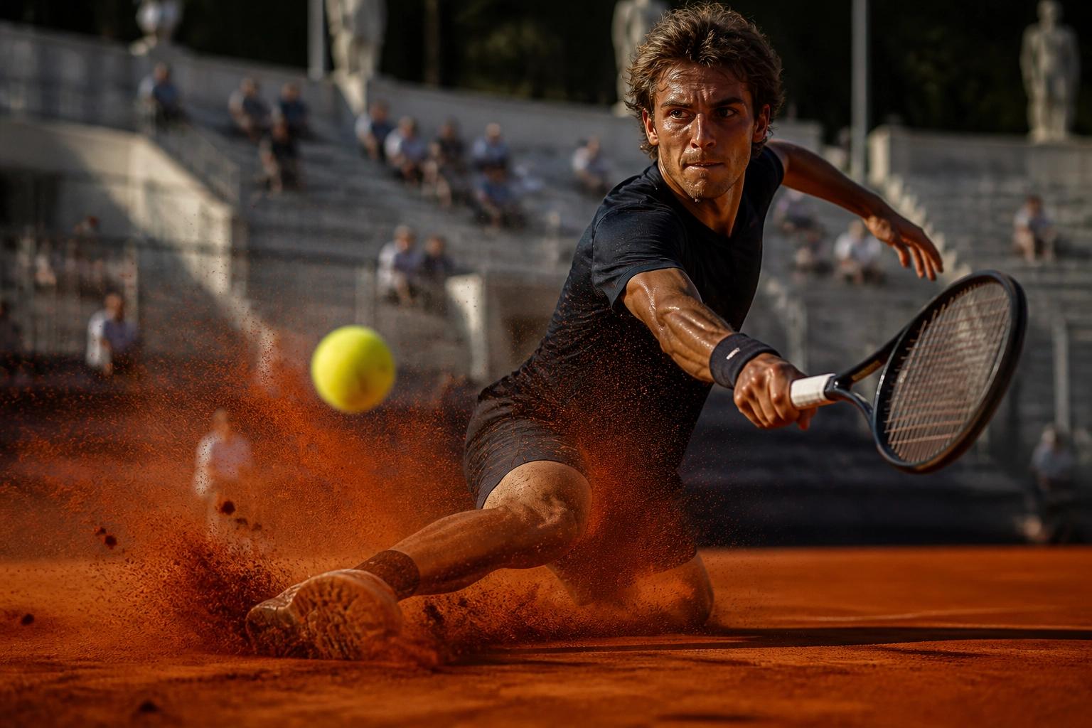 Tennisprofi rutscht auf der roten Asche im Foro Italico zur Vorhand-Action