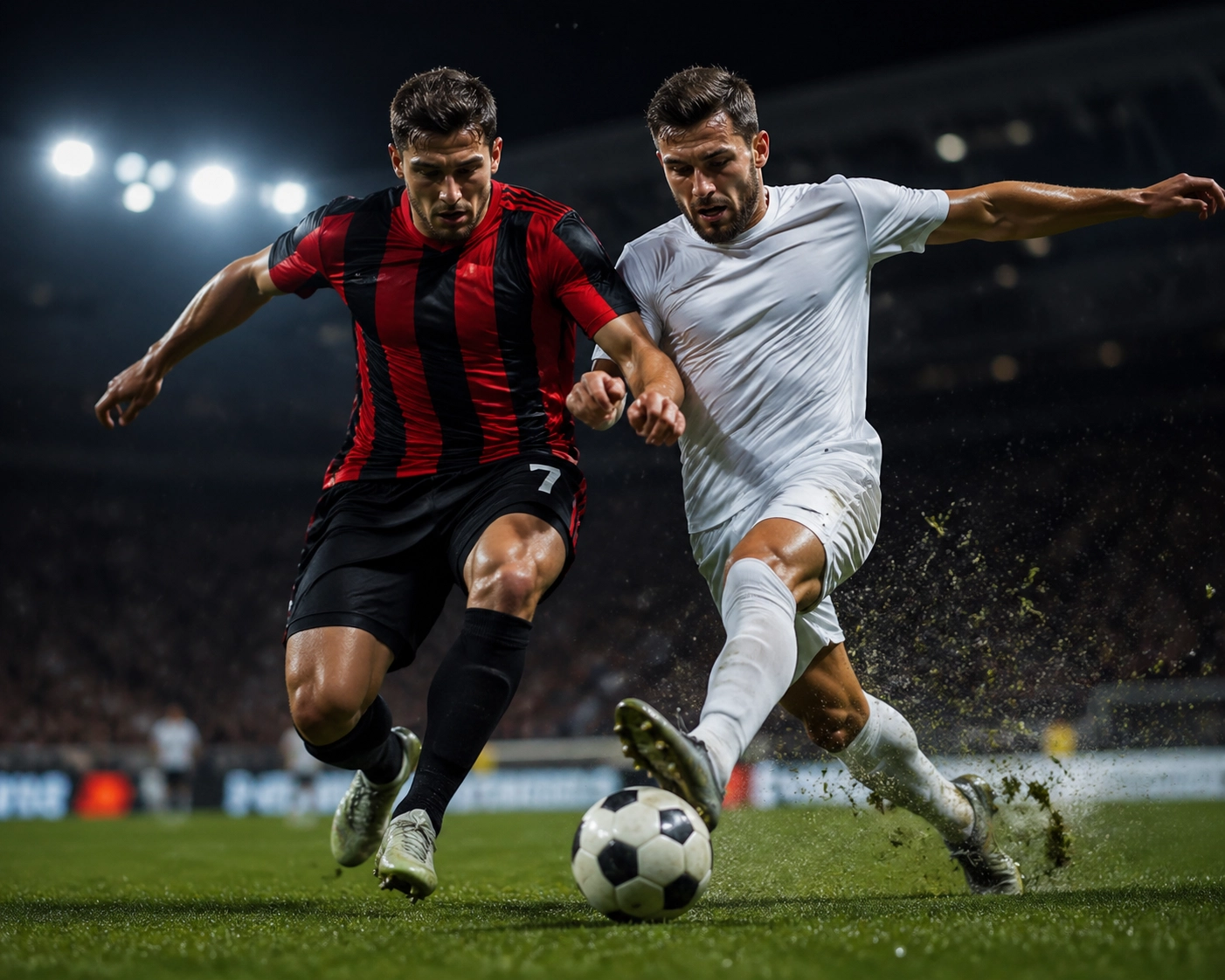 Fußball-Zweikampf im Top-Spiel Leverkusen gegen Leipzig unter Stadion-Flutlicht.