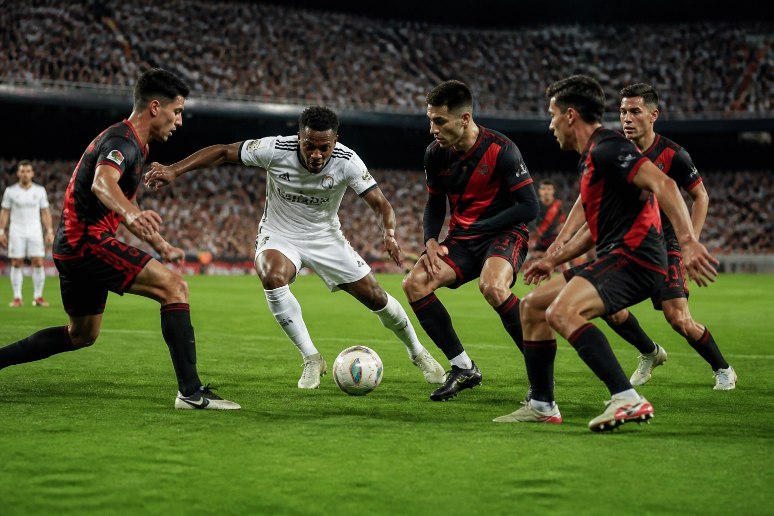 Valencia CF Stürmer gegen die kompakte Defensive von Rayo Vallecano im Mestalla.