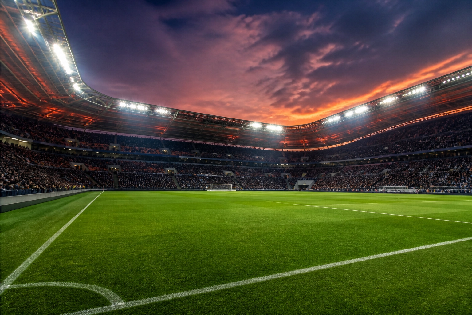 Modernes Bundesliga Stadion im Flutlicht vor der Partie Mainz 05 gegen Union Berlin.