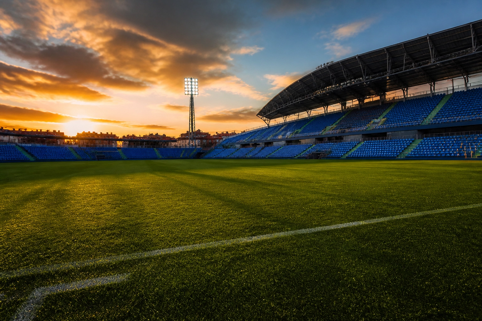 Das Coliseum Stadion von Getafe bei Sonnenuntergang vor dem La Liga Heimspiel gegen Mallorca.