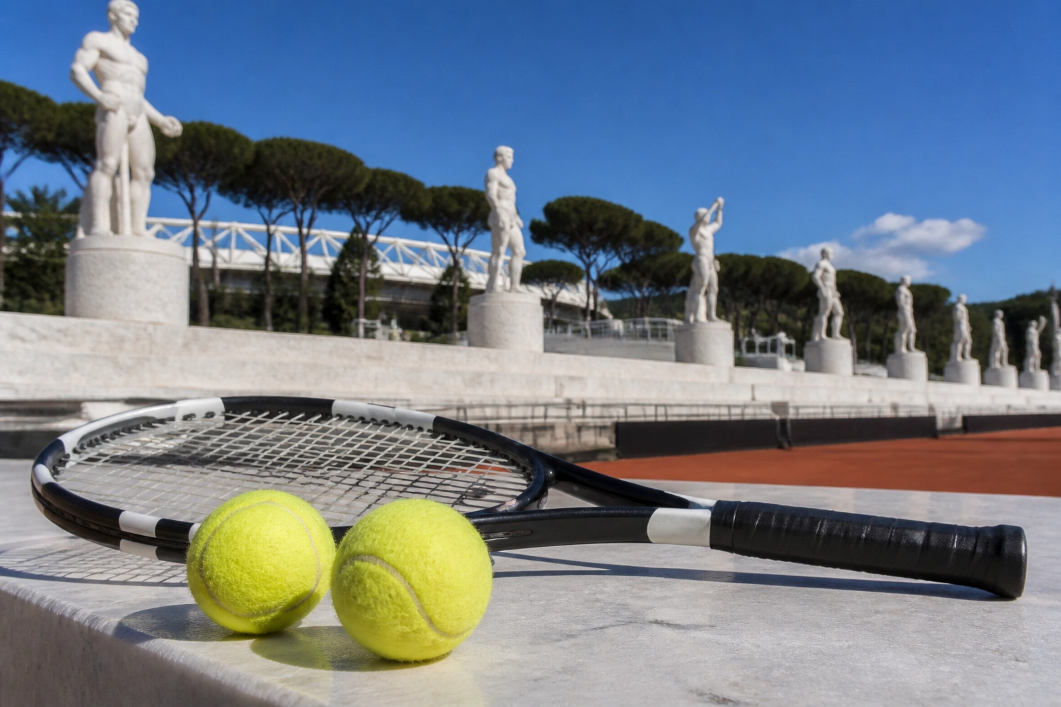 Tennisschläger und Bälle auf einer Marmorbank im Foro Italico Stadion in Rom