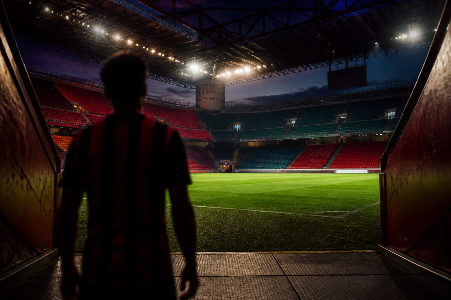 Fußballprofi im Spielertunnel des San Siro vor der Serie A Partie AC Milan gegen Atalanta Bergamo.