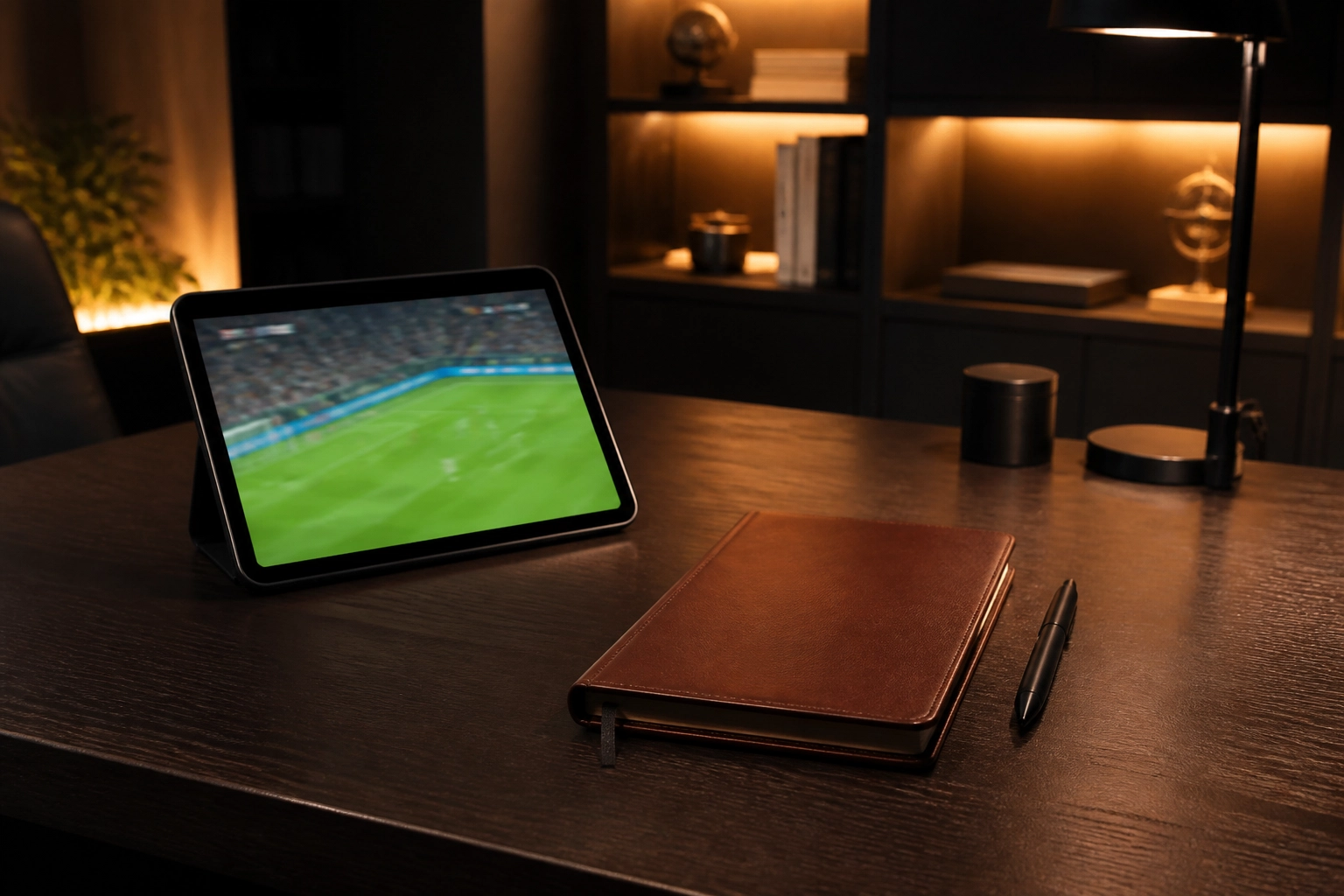 Professionelle Analyse von xG-Daten und Sportwetten-Statistiken auf einem Tablet im Büro.