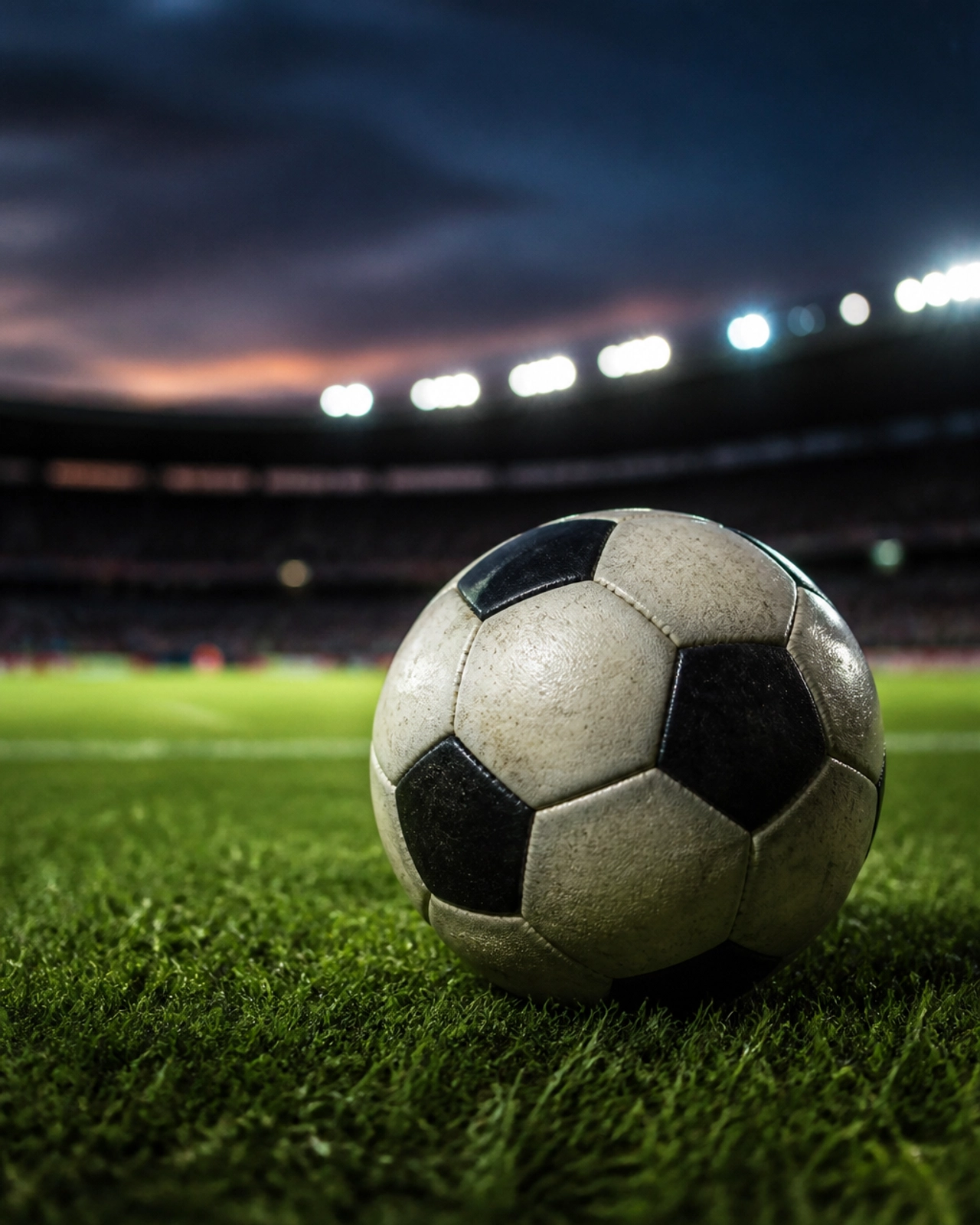 Nahaufnahme eines Fußballs auf dem Rasen in der Abendsonne