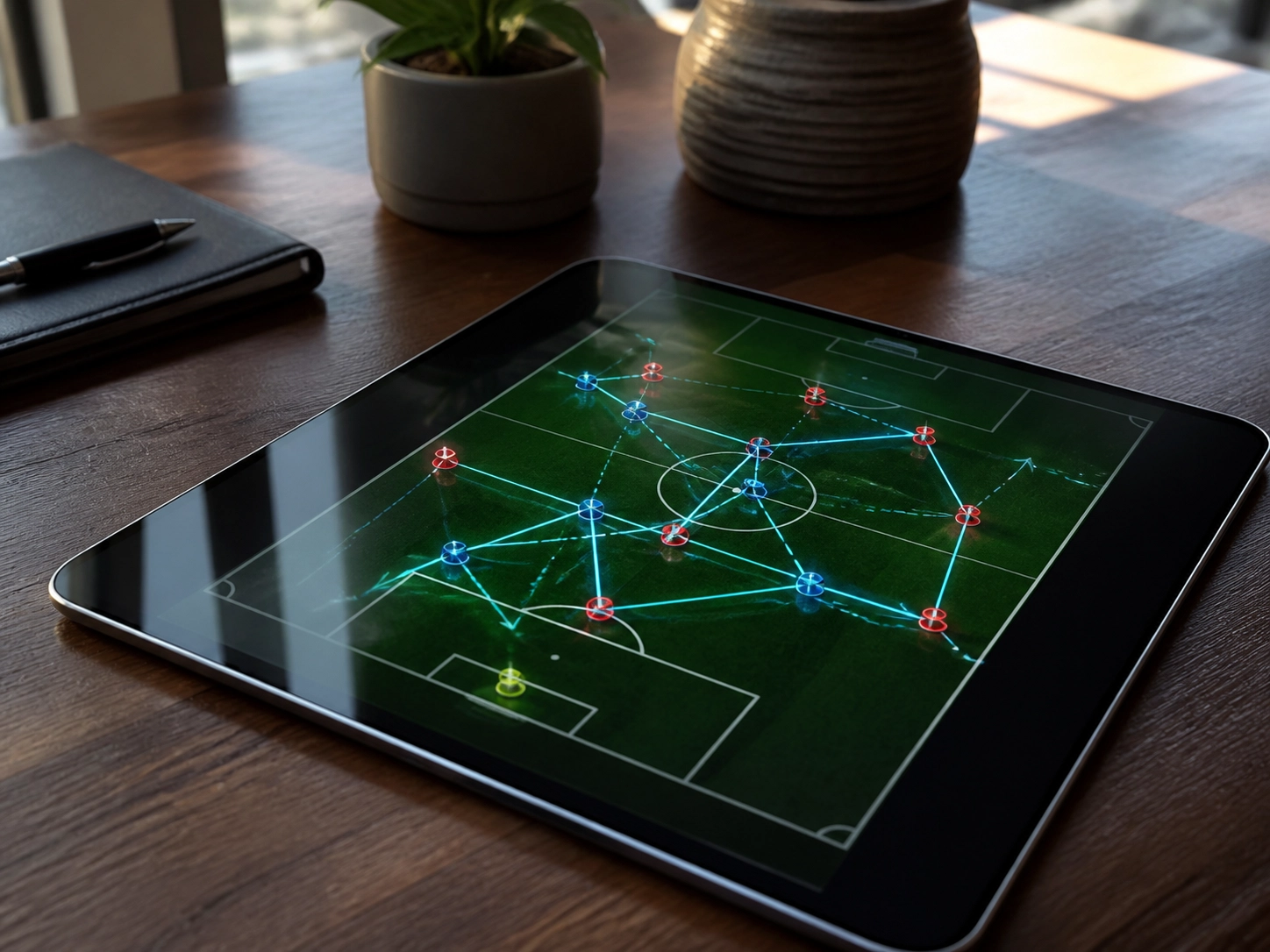 Taktische Visualisierung von Fußball-Spielmustern und Laufwegen auf einem Tablet.