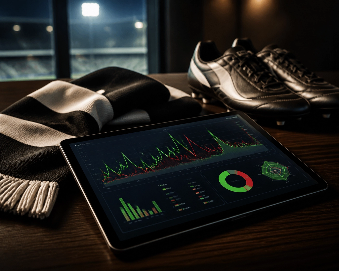 Tablet mit Fußball-Statistiken und Graphen für die Sportwetten-Analyse
